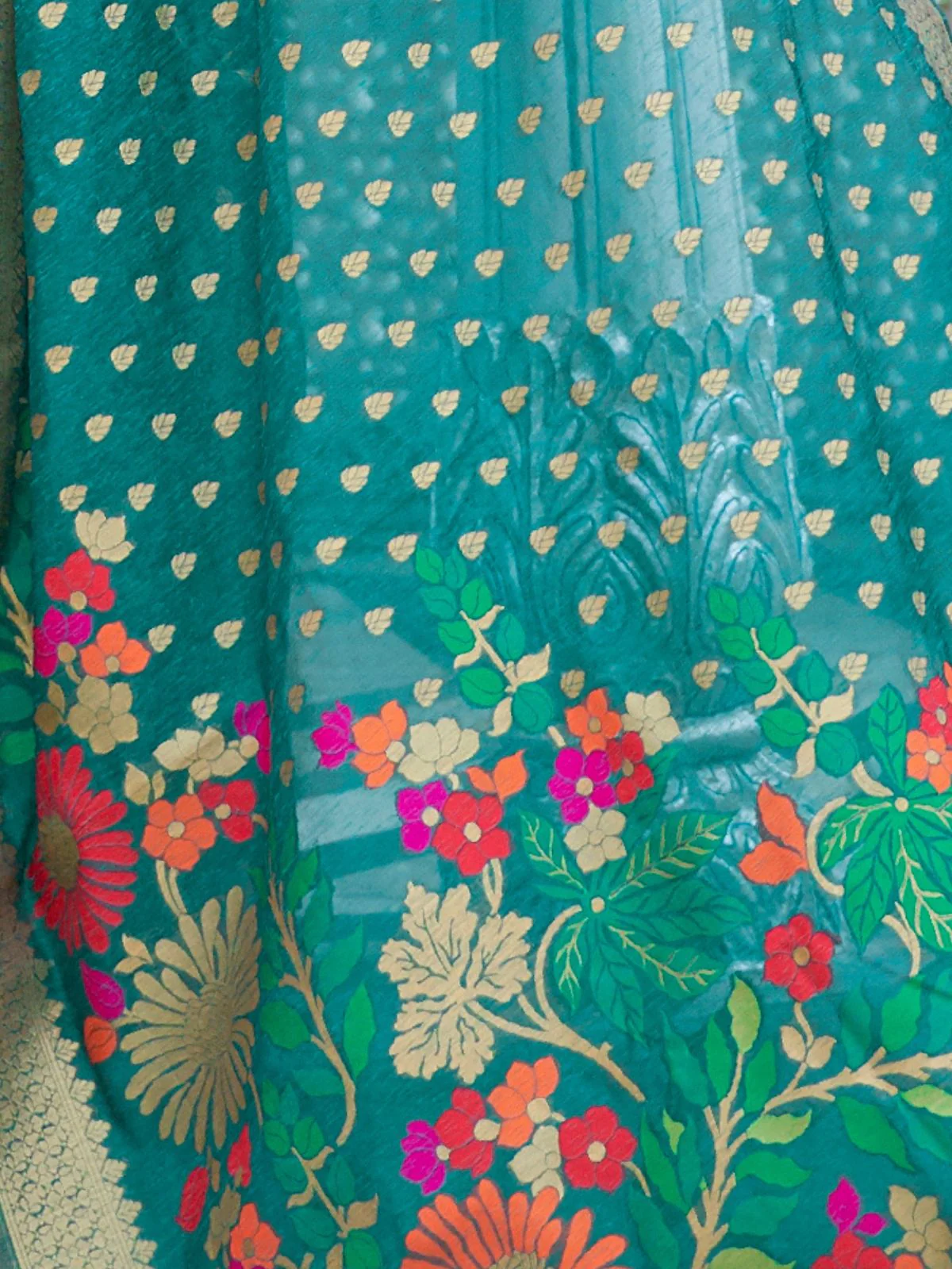 Odette Teal Printed Woven Saree With Unstitched Blouse For Women - Image 4