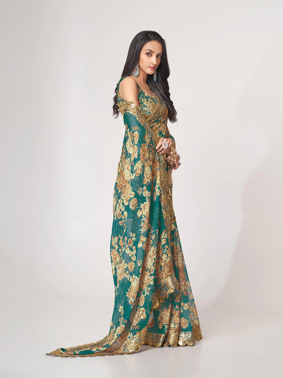 Odette Teal Printed Organza Saree With Unstitched Blouse For Women - Image 2