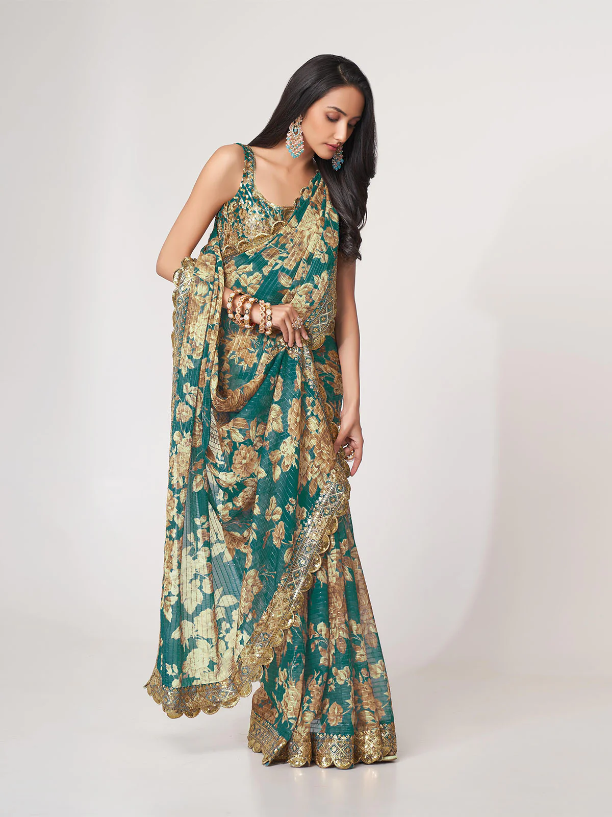 Odette Teal Printed Organza Saree With Unstitched Blouse For Women - Image 3