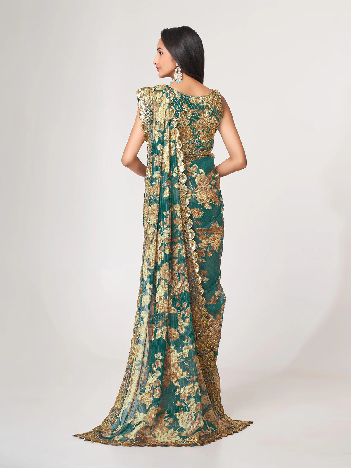 Odette Teal Printed Organza Saree With Unstitched Blouse For Women - Image 4