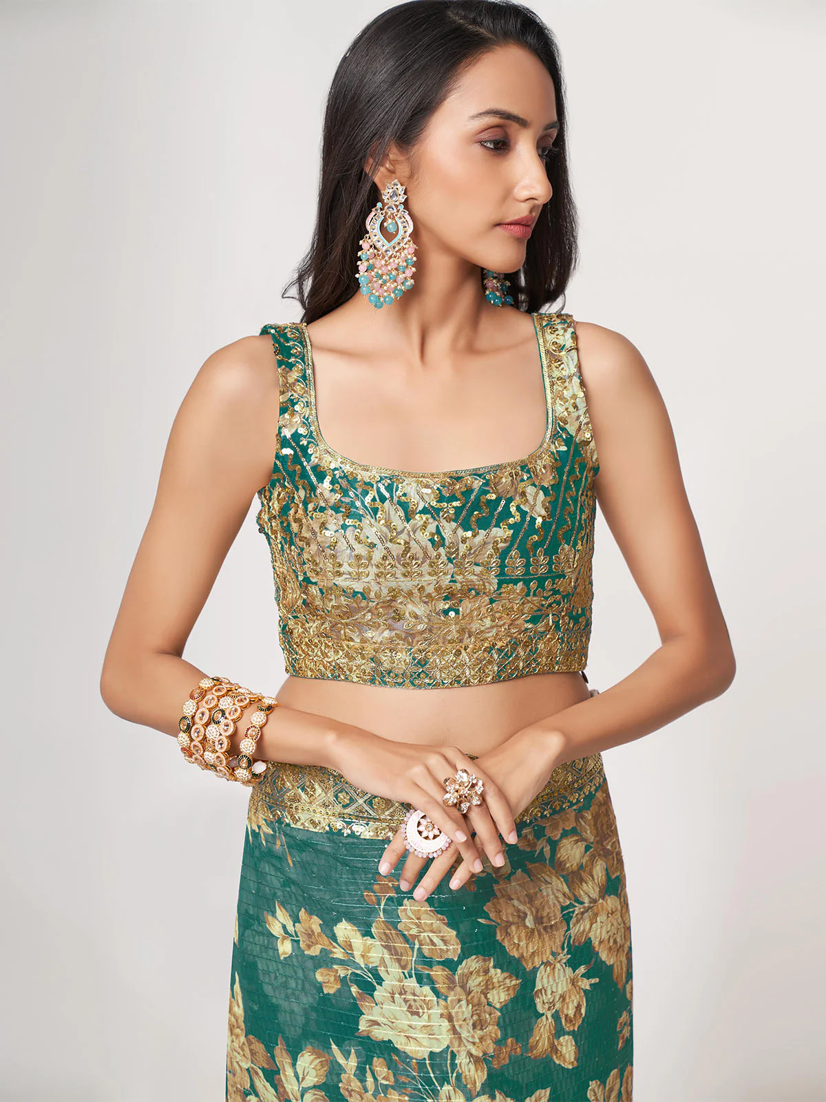 Odette Teal Printed Organza Saree With Unstitched Blouse For Women - Image 5