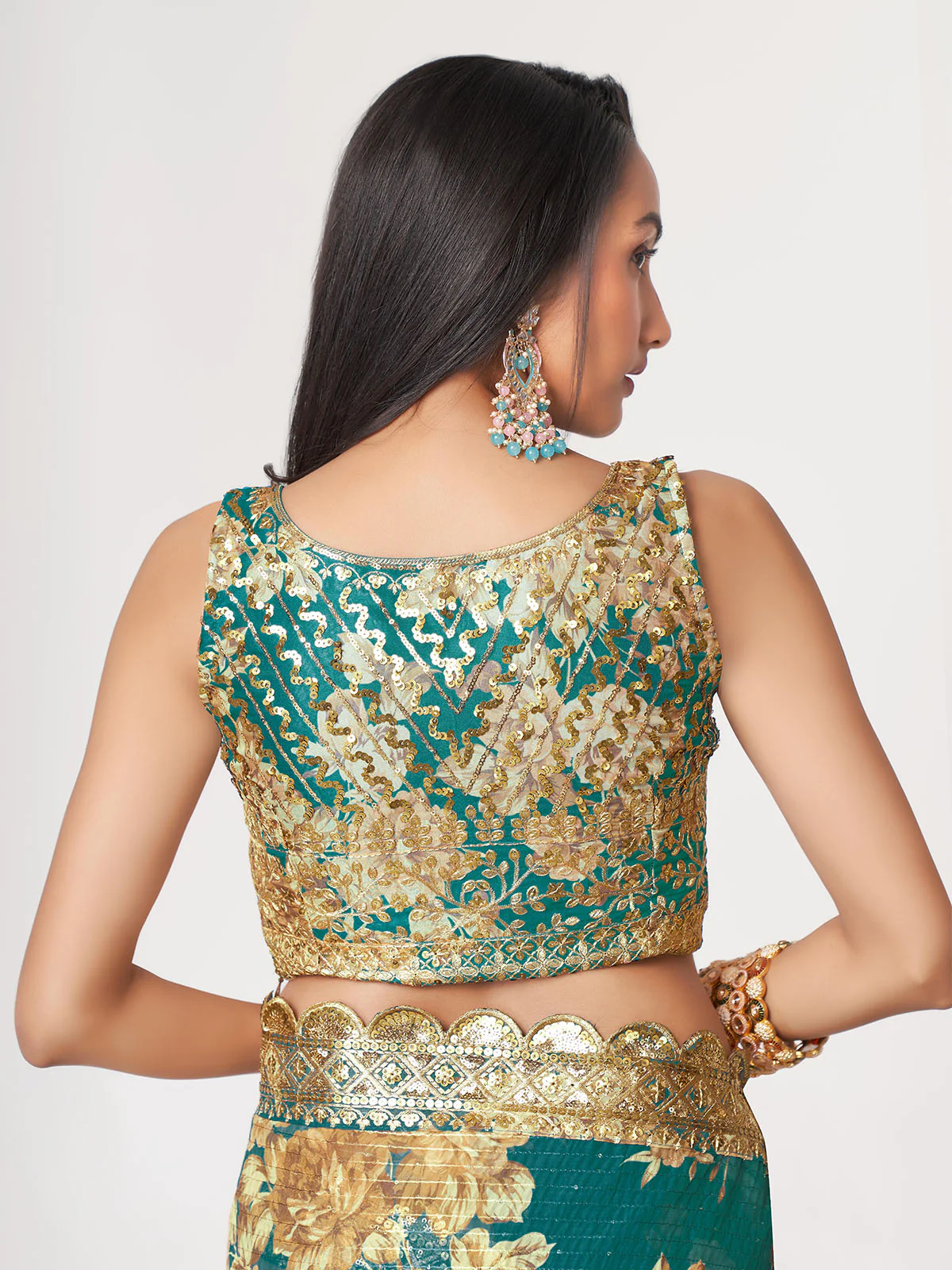 Odette Teal Printed Organza Saree With Unstitched Blouse For Women - Image 7