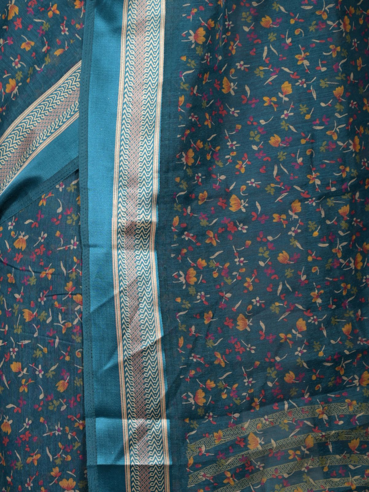 Odette Teal Printed Polyester Saree With Unstitched Blouse For Women - Image 5