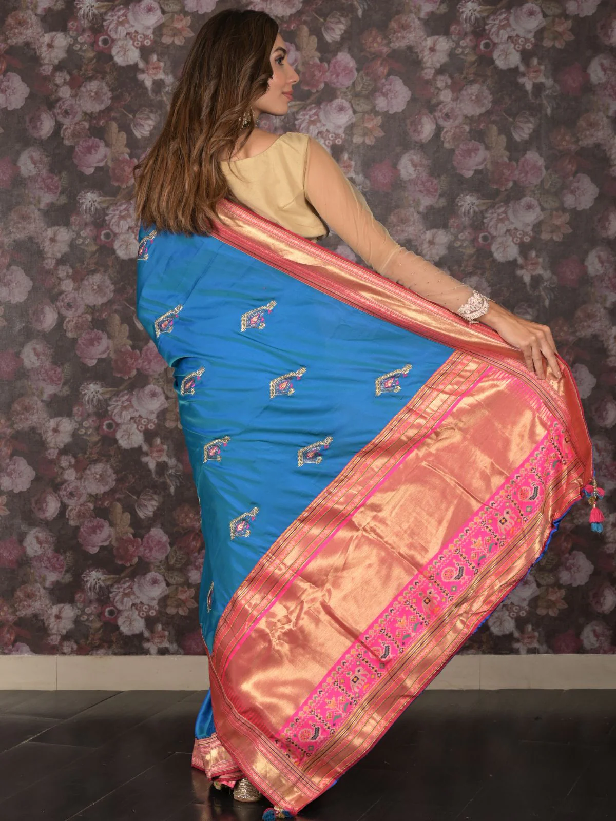 Odette Teal Satin Embroidered Saree With Unstitched Blouse For Women - Image 4