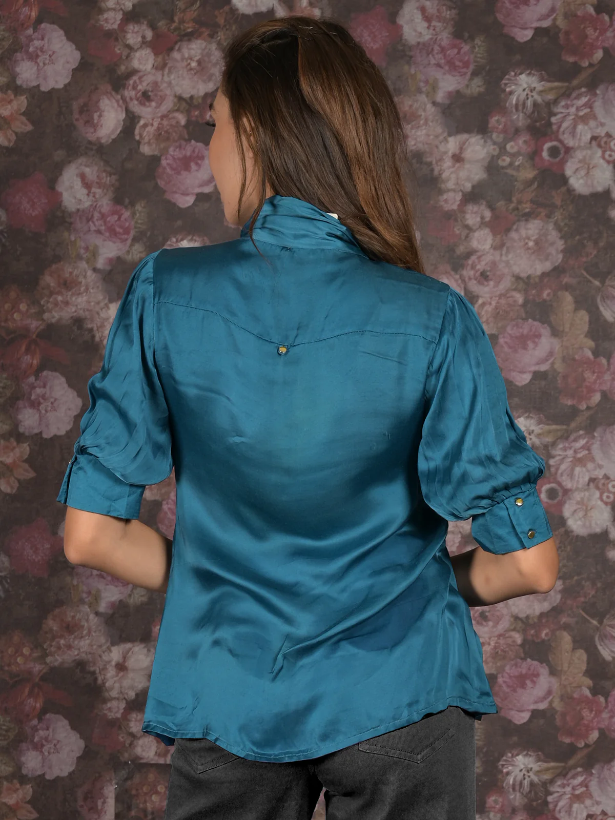 Odette Teal Satin Neck Tie Pattern Shirt For Women - Image 3