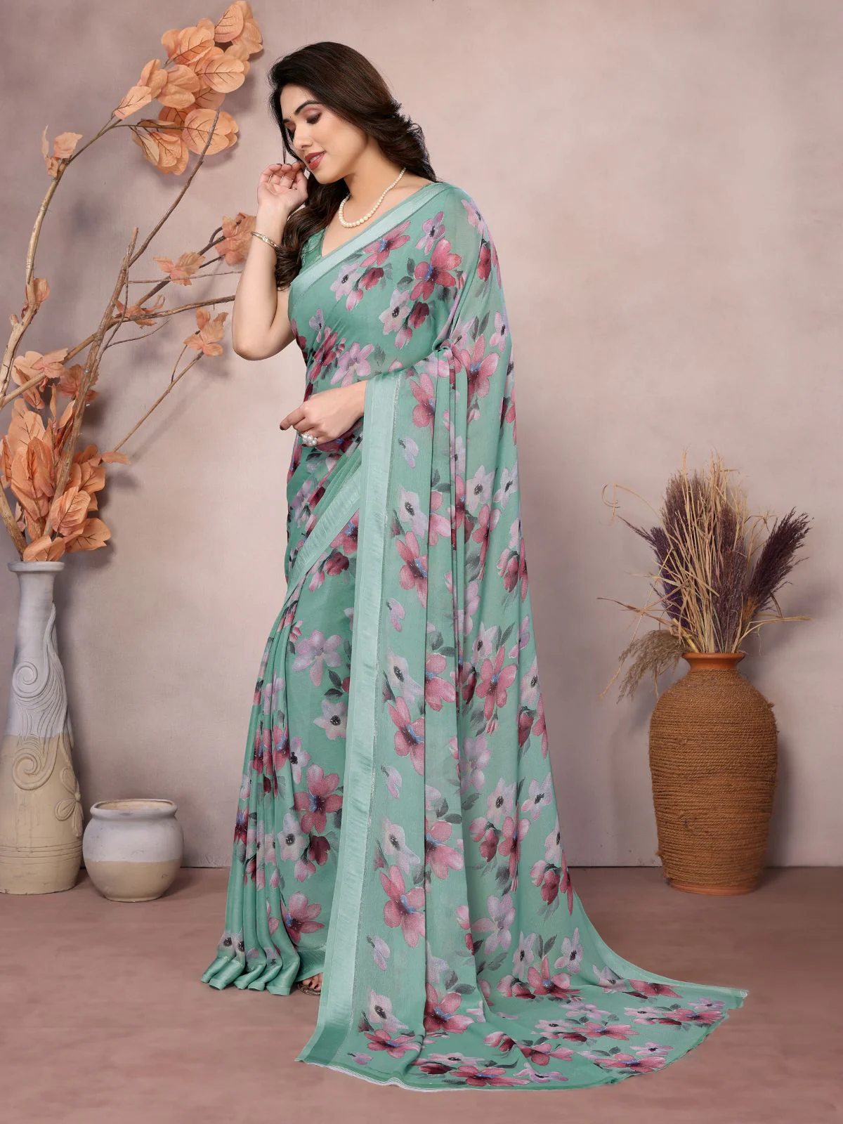 Odette Teal Satin Printed Saree With Unstitched Blouse For Women - Image 2