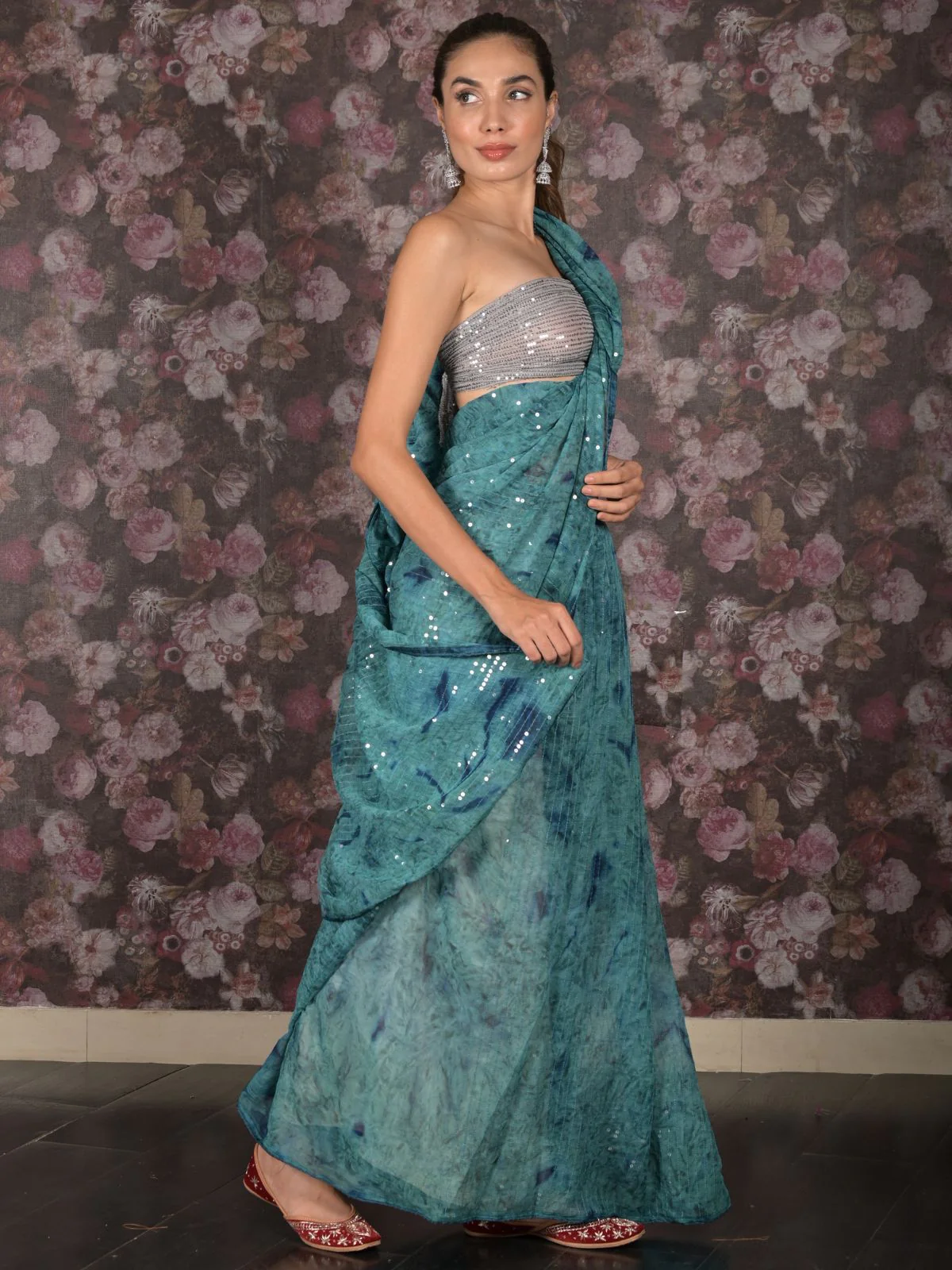 Odette Teal Sequins Embroidered Georgette Saree With Unstitched Blouse For Women - Image 3