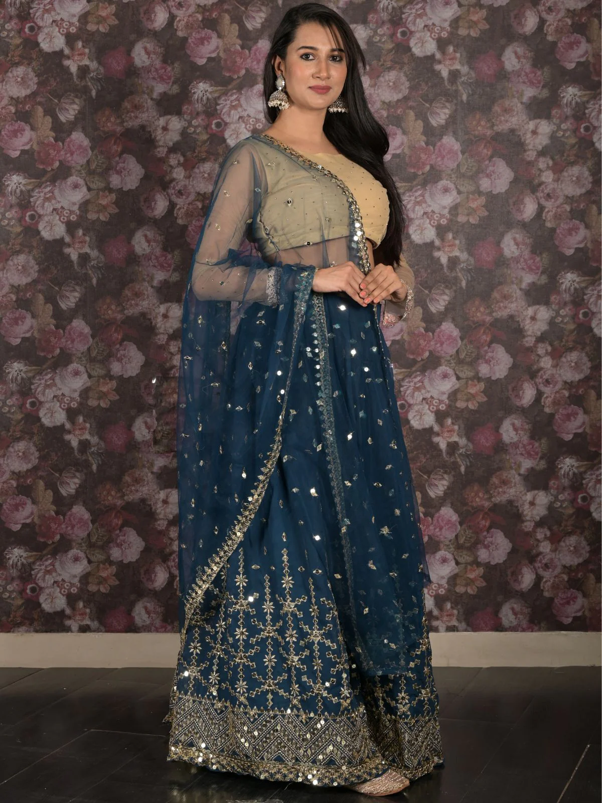 Odette Teal Sequins Embroidered Lehenga Set With Dupatta And Unstitched Blouse For Women - Image 3