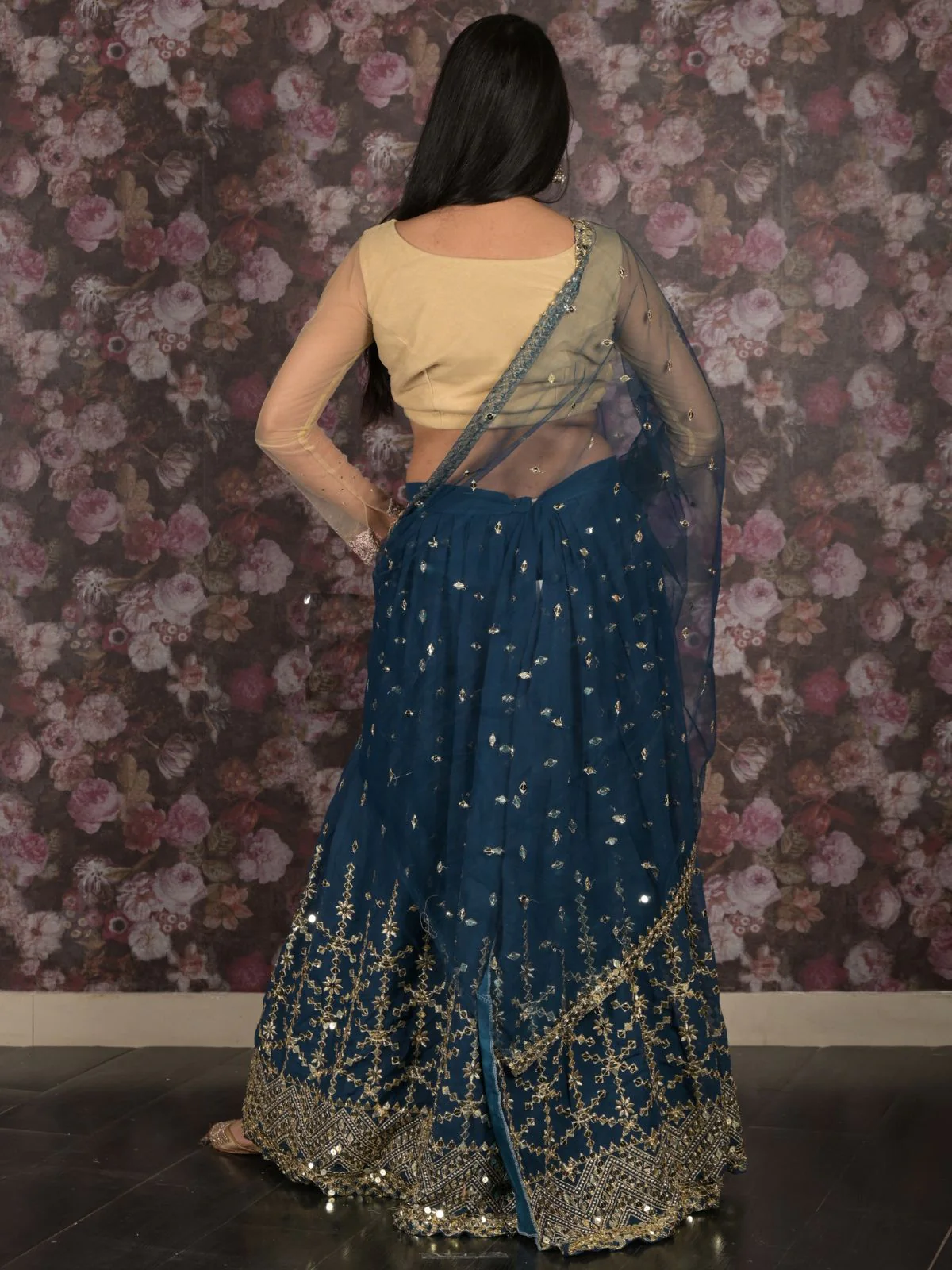 Odette Teal Sequins Embroidered Lehenga Set With Dupatta And Unstitched Blouse For Women - Image 4