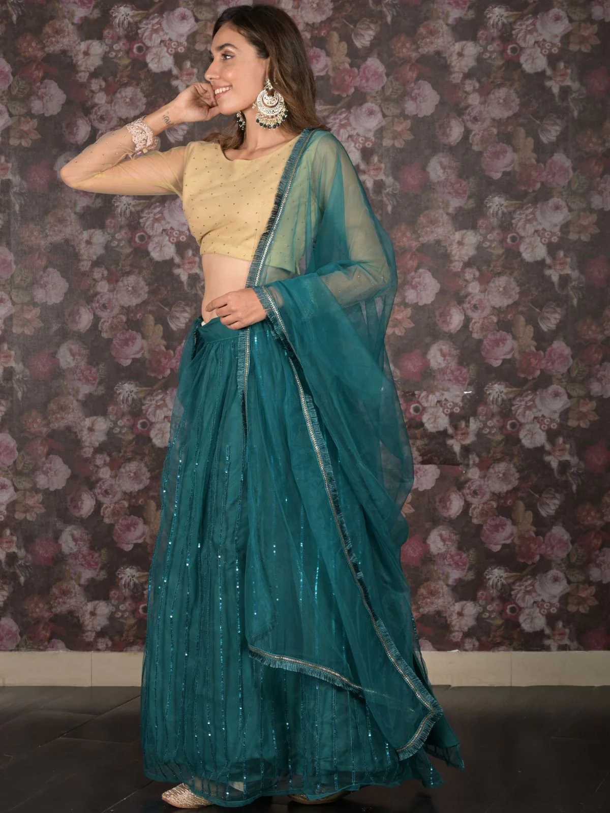 Odette Teal Sequins Embroidered Net Semi-Stitched Lehenga with Unstitched Blouse for Women - Image 2