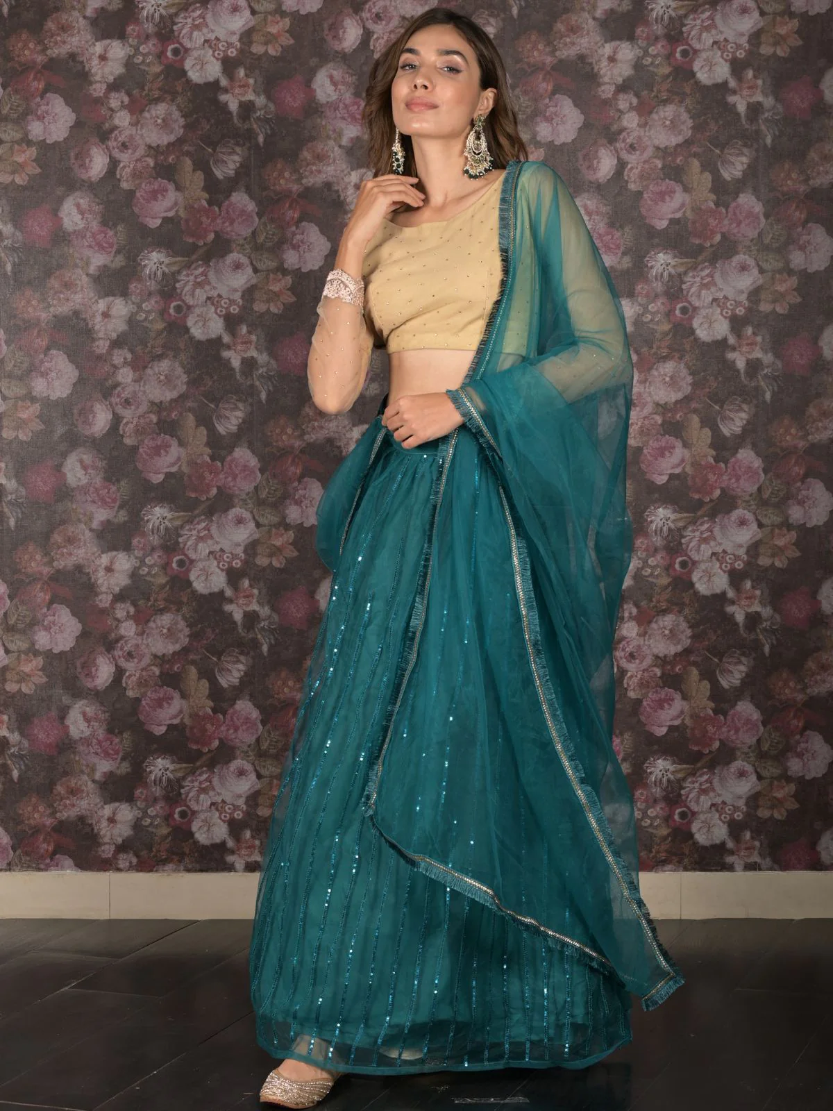 Odette Teal Sequins Embroidered Net Semi-Stitched Lehenga with Unstitched Blouse for Women - Image 3