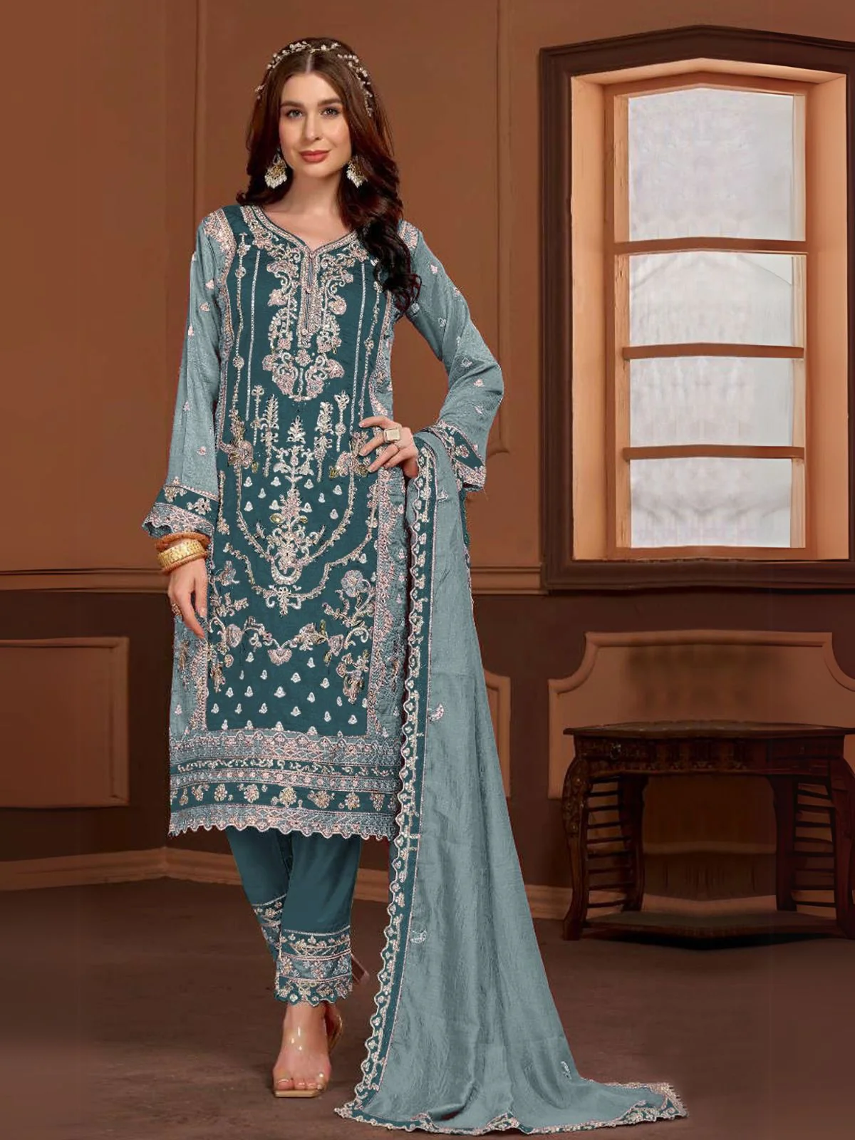 Odette Teal Silk Blend Embroidered Semi-Stitched Kurta Set For Women