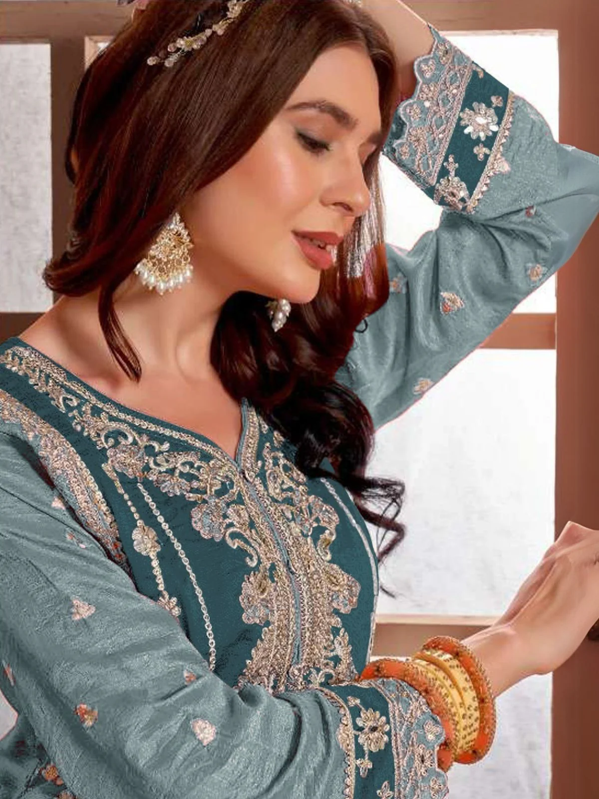 Odette Teal Silk Blend Embroidered Semi-Stitched Kurta Set For Women - Image 2