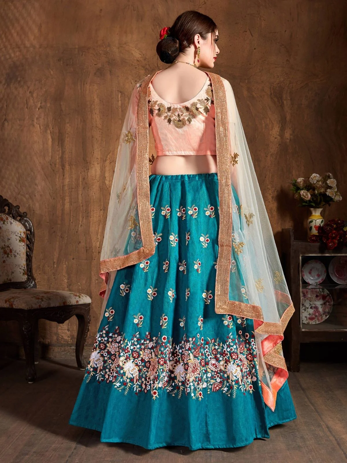 Odette Teal Silk Blend Embroidered Semi Stitched Lehenga With Blouse For Women - Image 3
