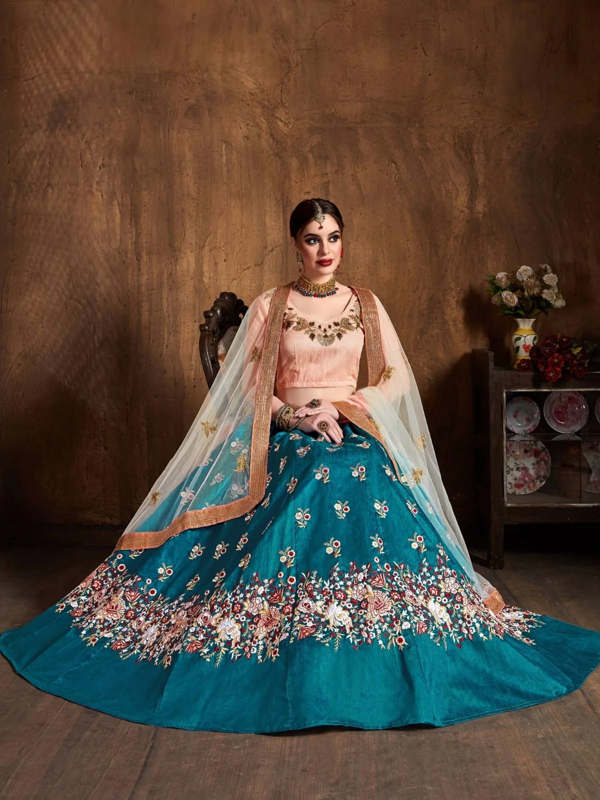 Odette Teal Silk Blend Embroidered Semi Stitched Lehenga With Blouse For Women - Image 4