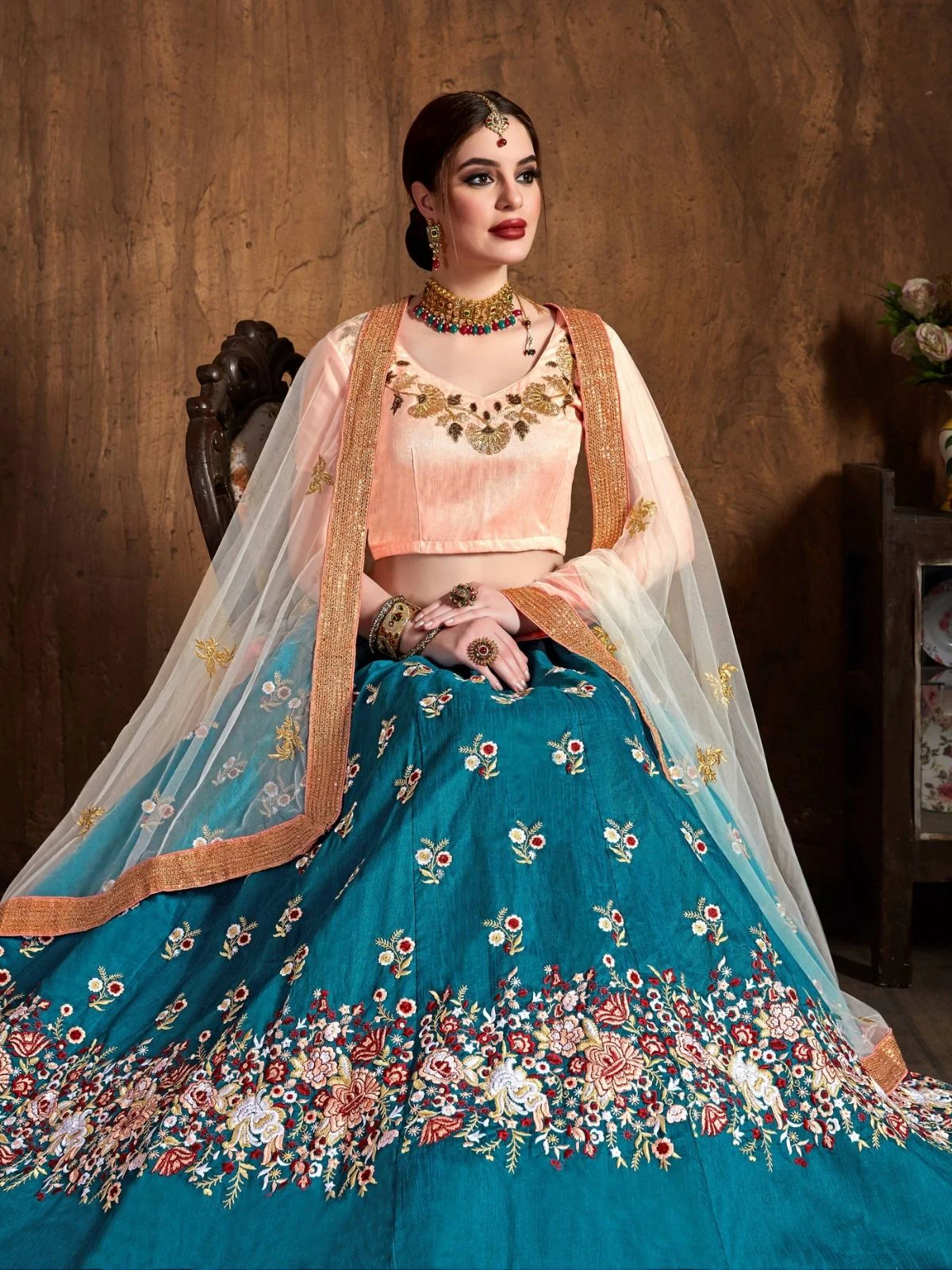 Odette Teal Silk Blend Embroidered Semi Stitched Lehenga With Blouse For Women - Image 5
