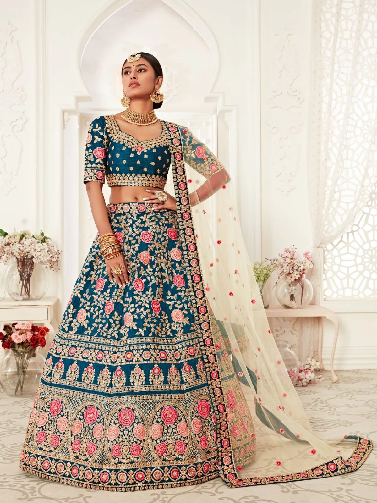 Odette Teal Silk Blend Embroidered Semi Stitched Lehenga With Unstitched Blouse For Women - Image 3