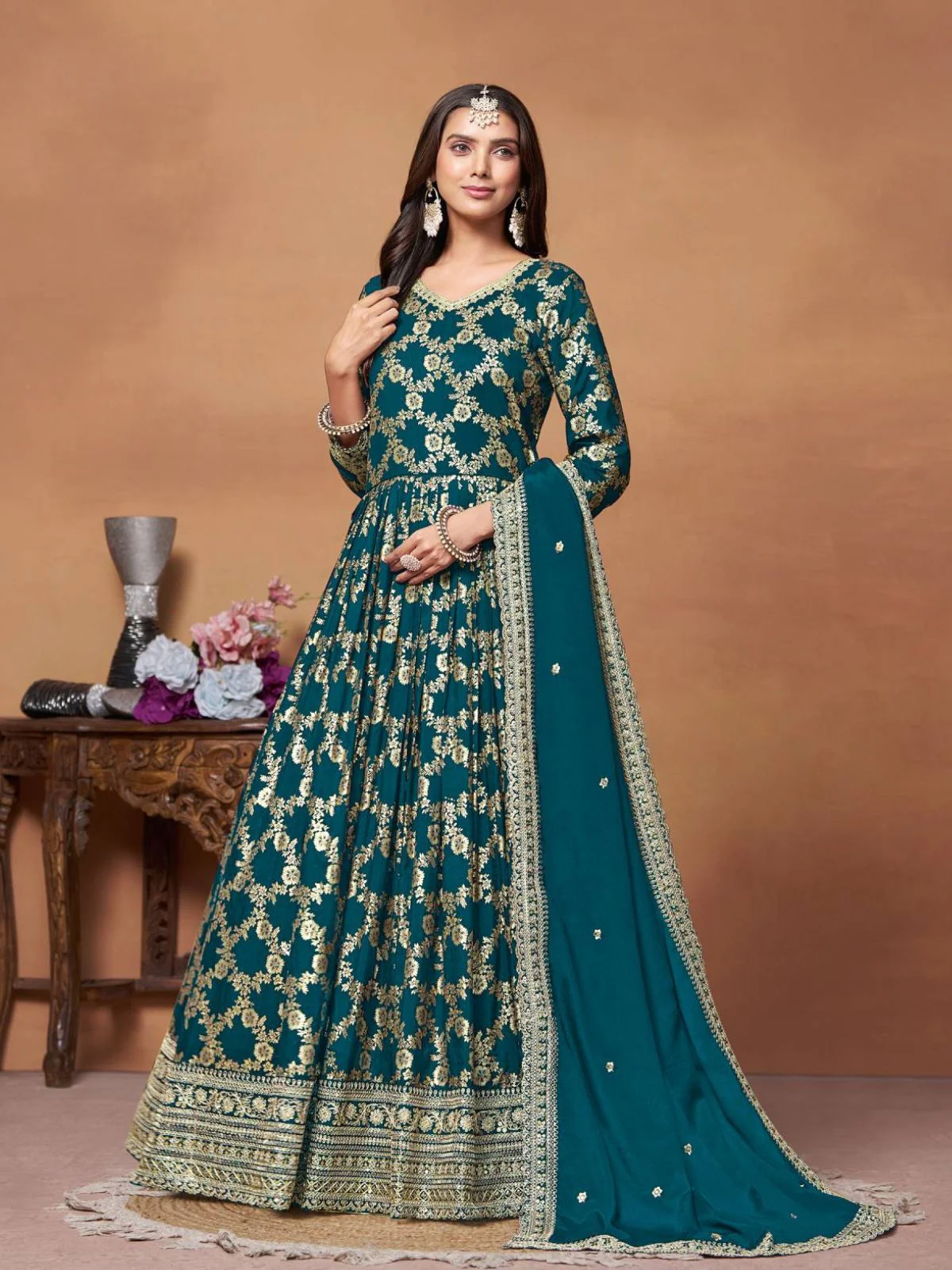 Odette Teal Silk Blend Foil Print Gown For Women