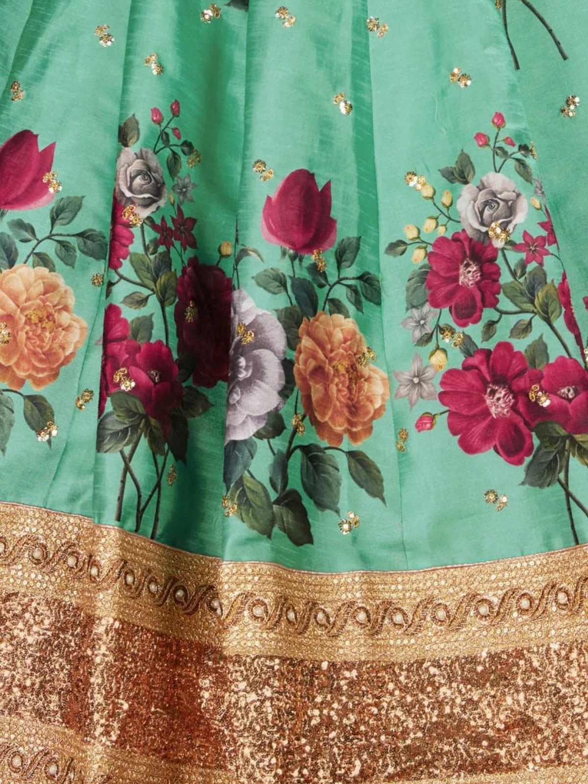 Odette Green Silk Blend Printed Semi Stitched Lehenga With Blouse For Women - Image 4