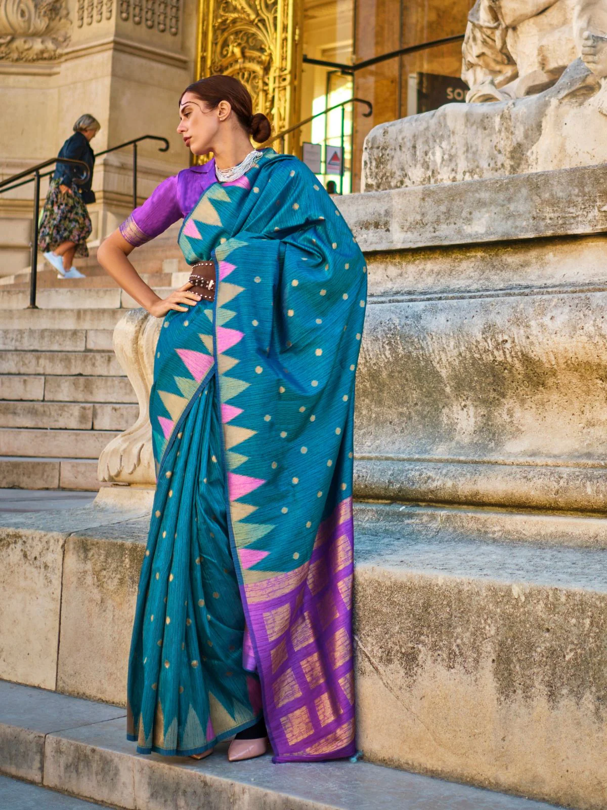 Odette Teal Silk Blend Woven Saree With Unstitched Blouse For Women