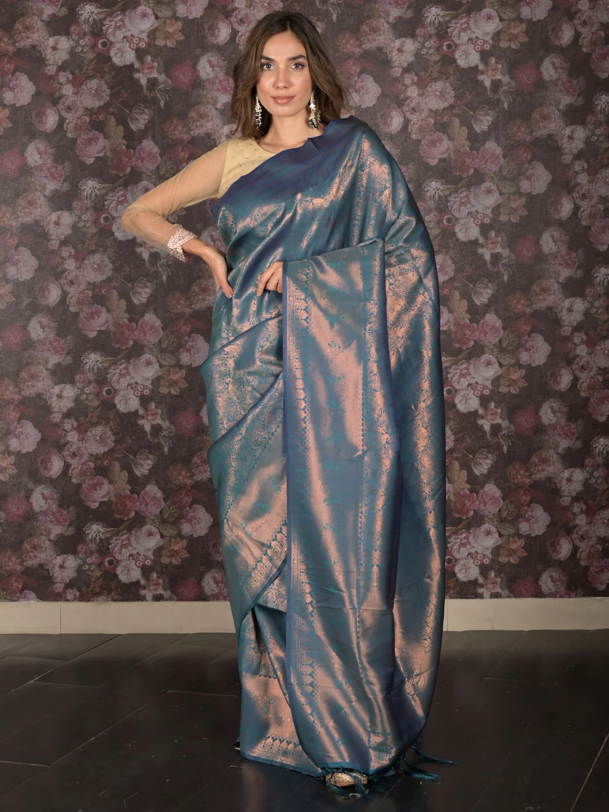 Odette Teal Silk Blend Woven Saree with Unstitched Blouse for Women - Image 2