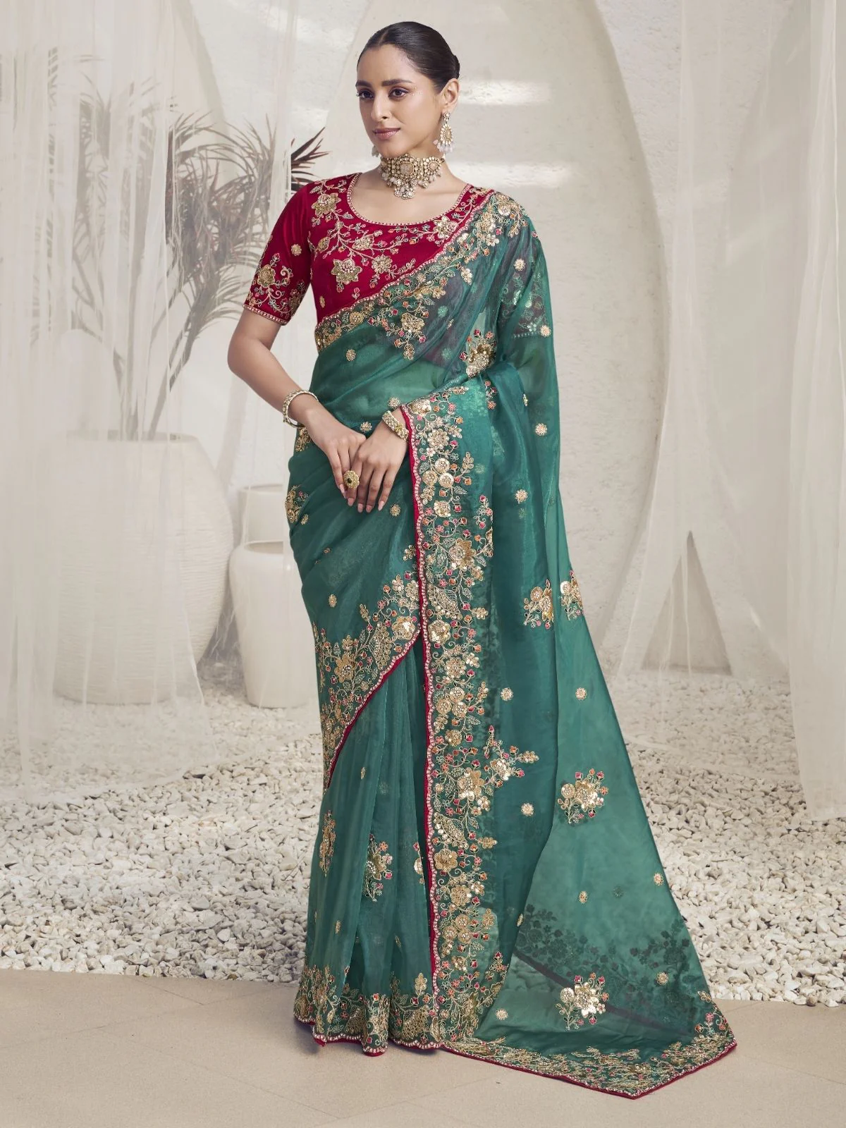 Odette Teal Organza Embroidered Saree With Unstitched Blouse For Women