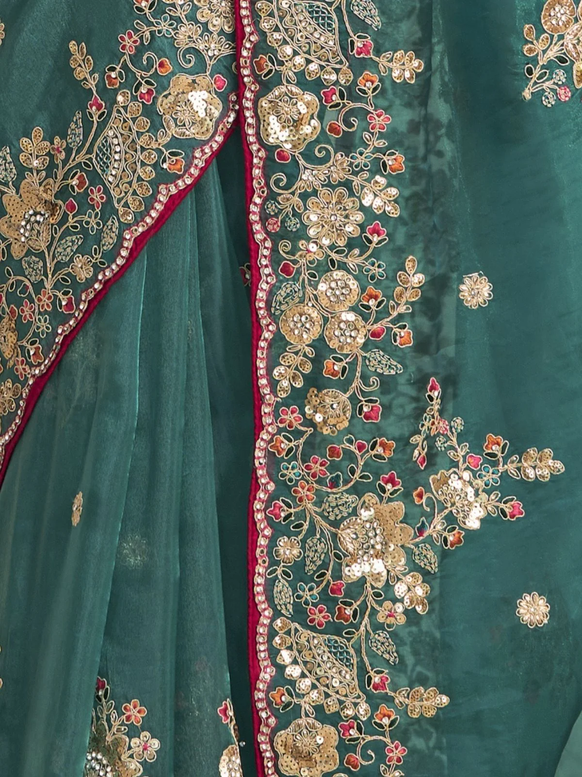 Odette Teal Organza Embroidered Saree With Unstitched Blouse For Women - Image 4