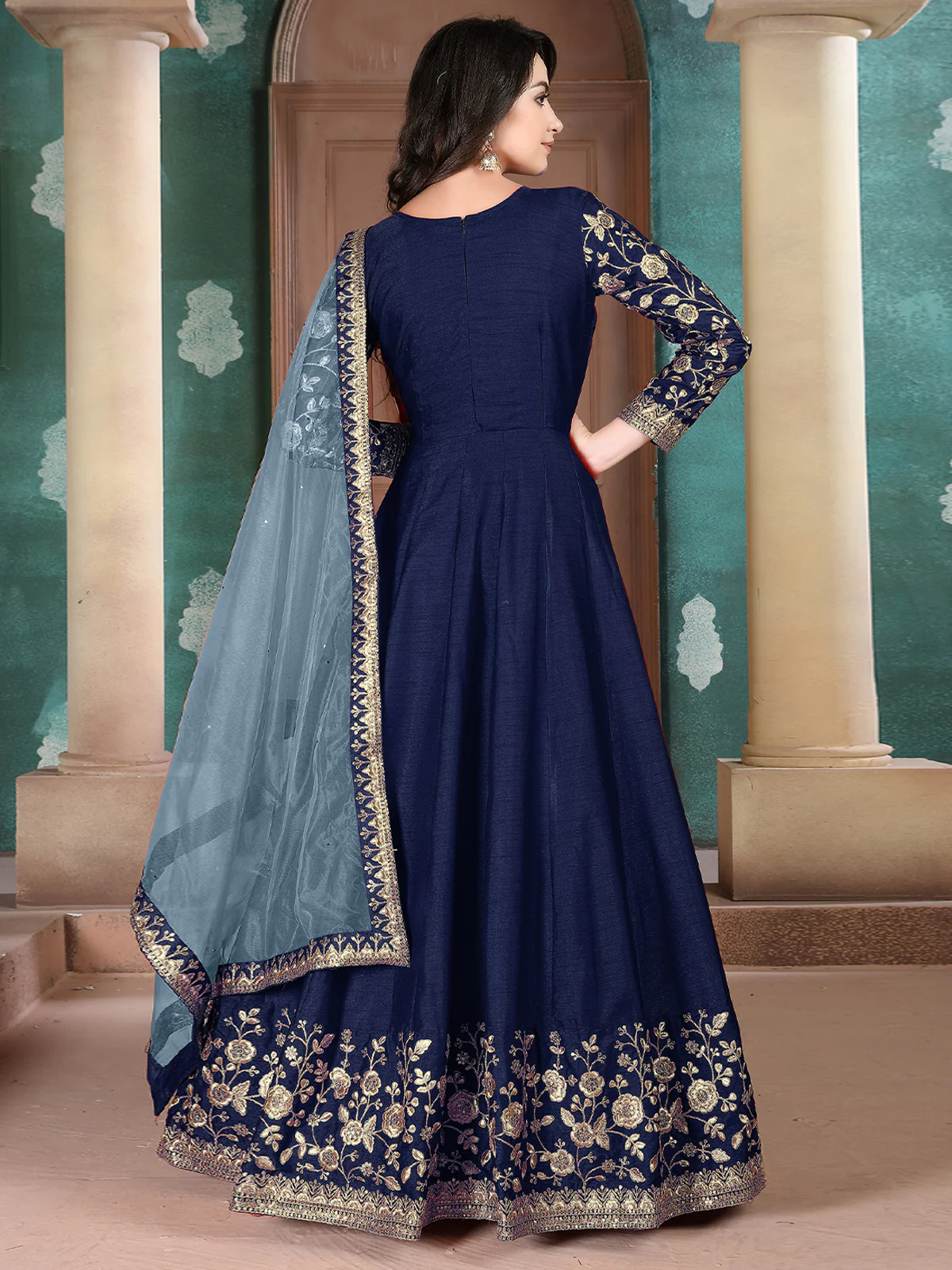 Odette Blue Silk Embroidered Semi stitched Kurta Set For Women - Image 2