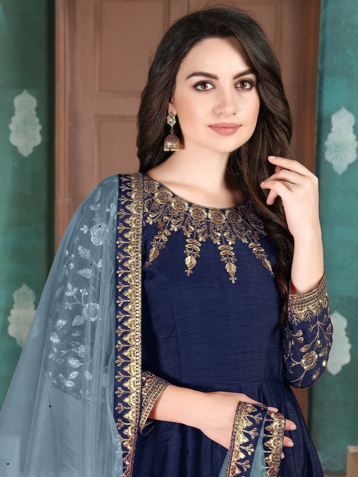 Odette Blue Silk Embroidered Semi stitched Kurta Set For Women - Image 3