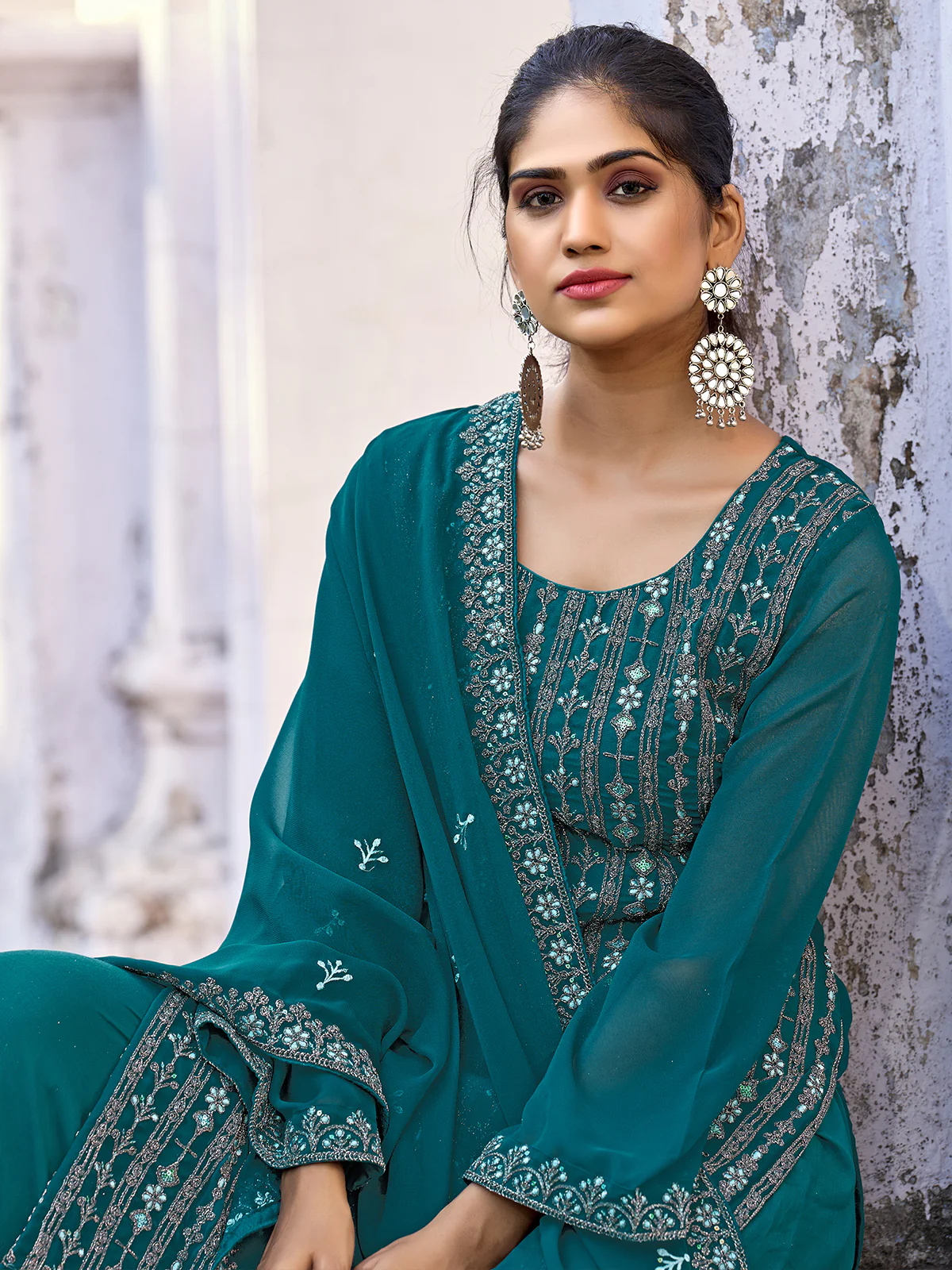 Odette Teal Silk Embroidered Semi stitched Kurta Set For Women - Image 3