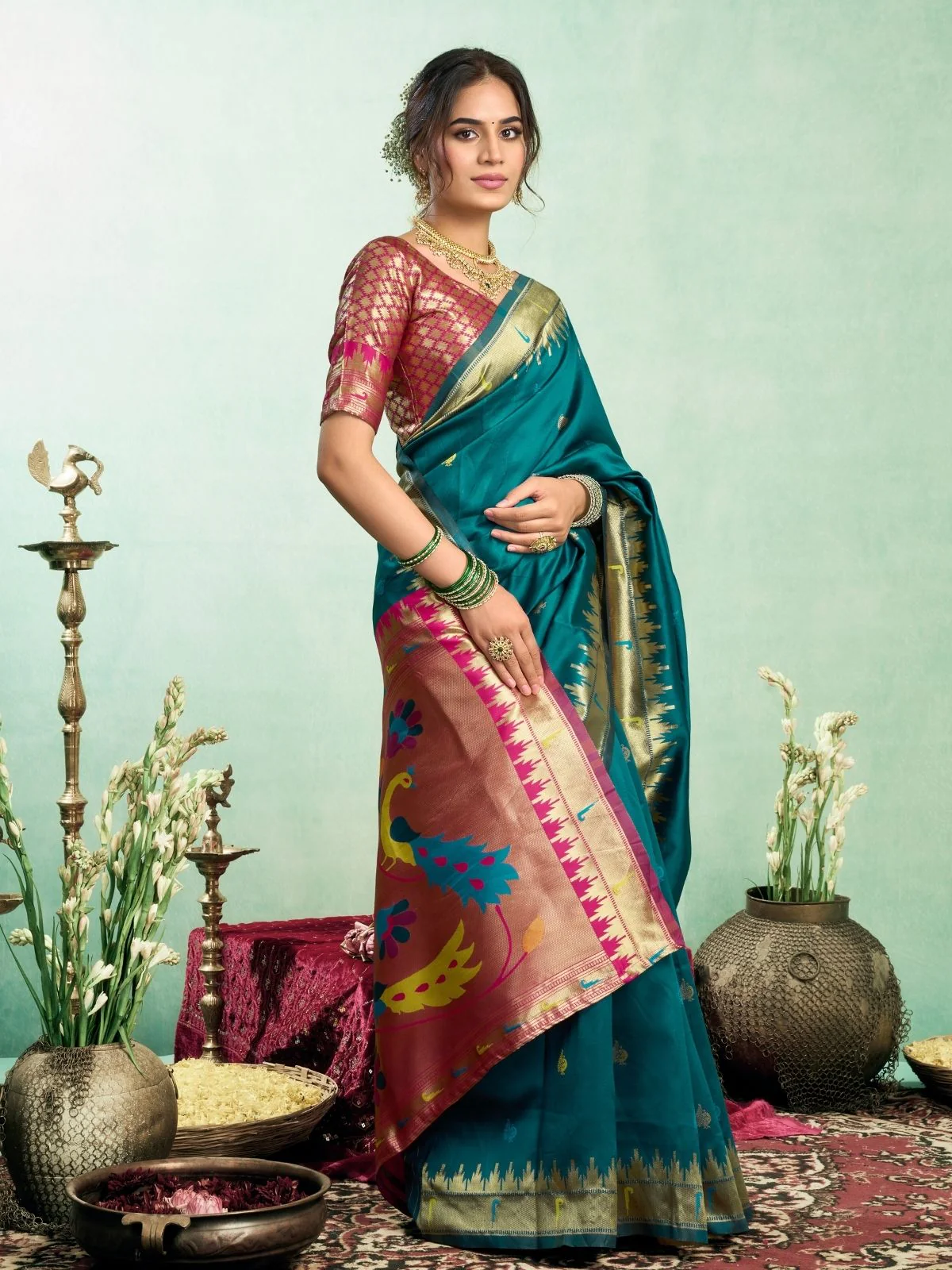 Odette Teal Silk Woven Paithani Saree For Women - Image 2