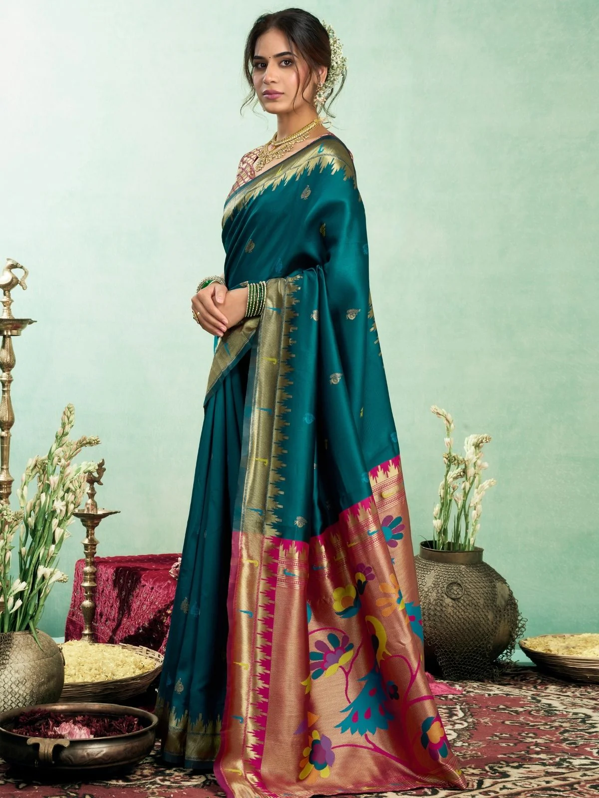 Odette Teal Silk Woven Paithani Saree For Women - Image 3