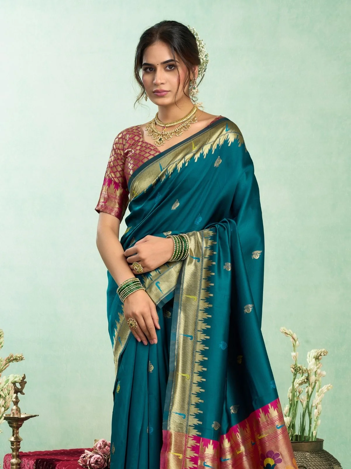 Odette Teal Silk Woven Paithani Saree For Women - Image 5