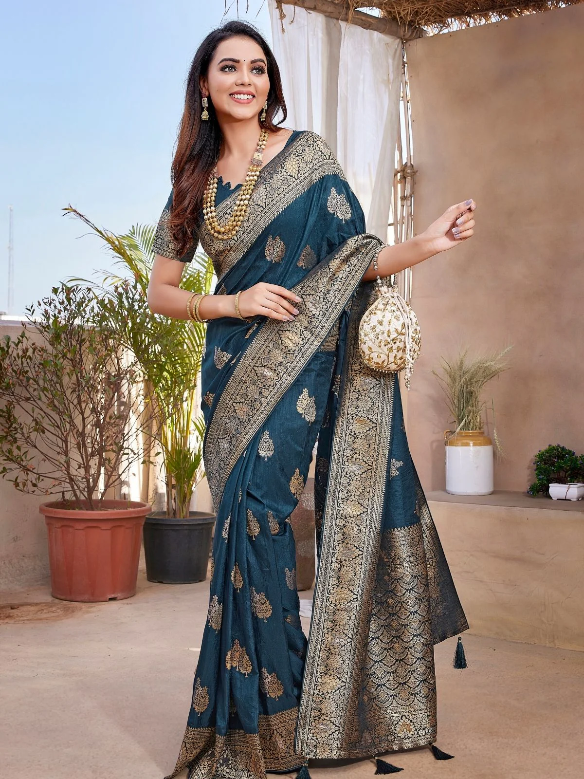 Odette Teal Silk Woven Saree For Women