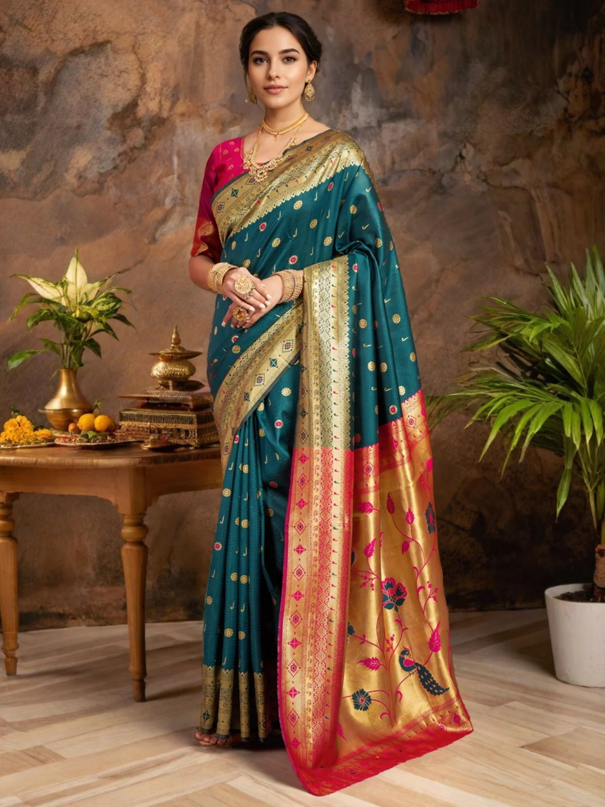 Odette Teal Silk Woven Saree For Women