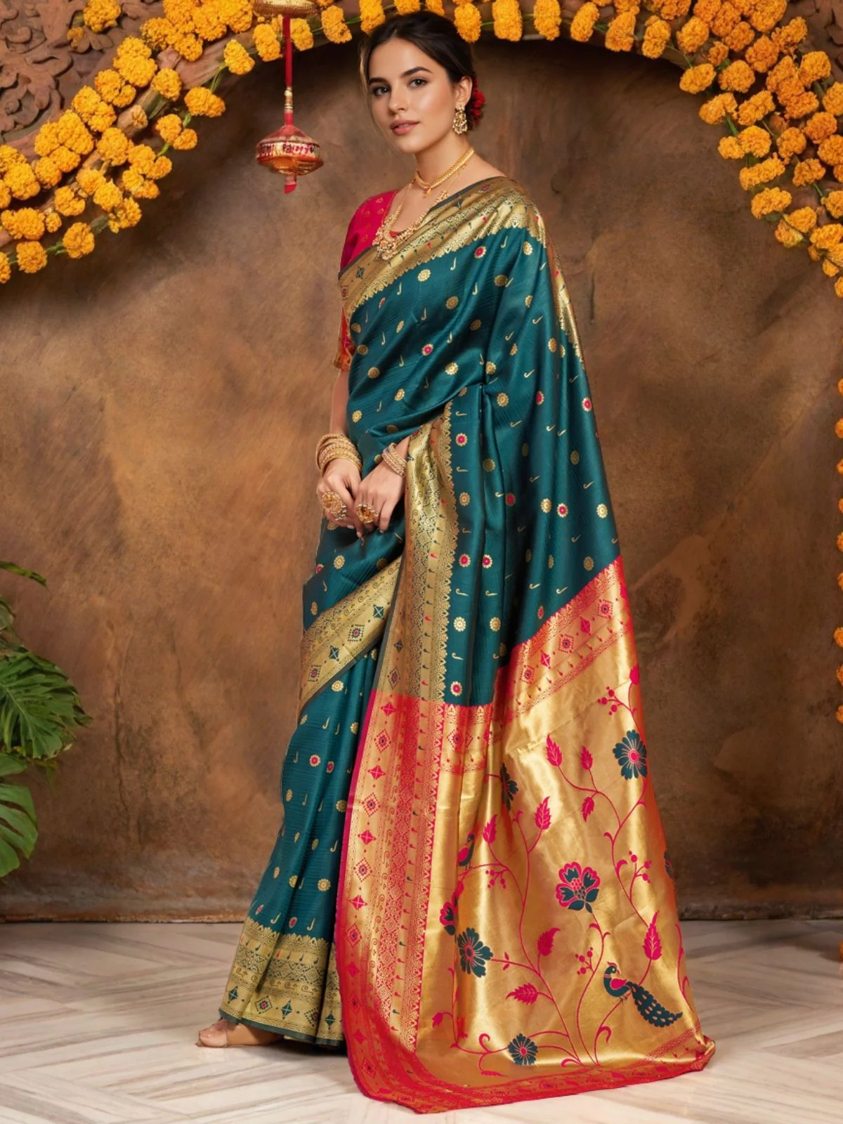 Odette Teal Silk Woven Saree For Women - Image 3
