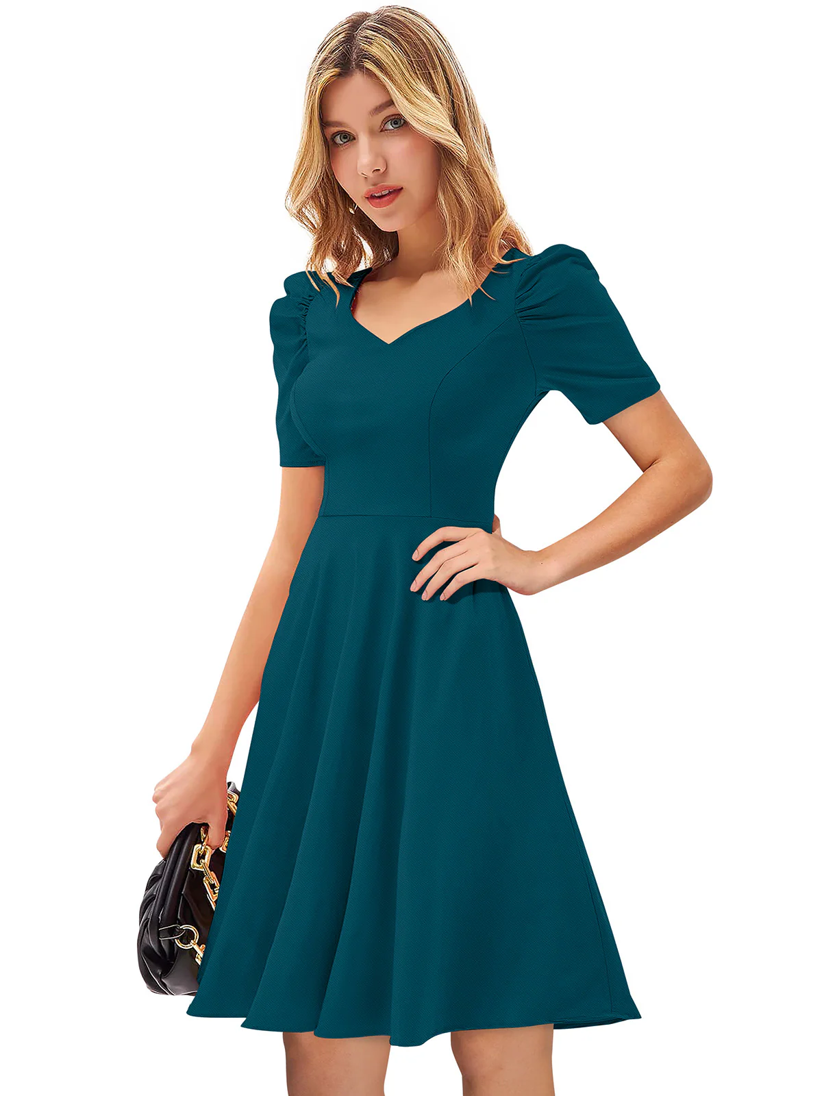 Odette Teal  Skater Knit Fabric Dress For Women - Image 2