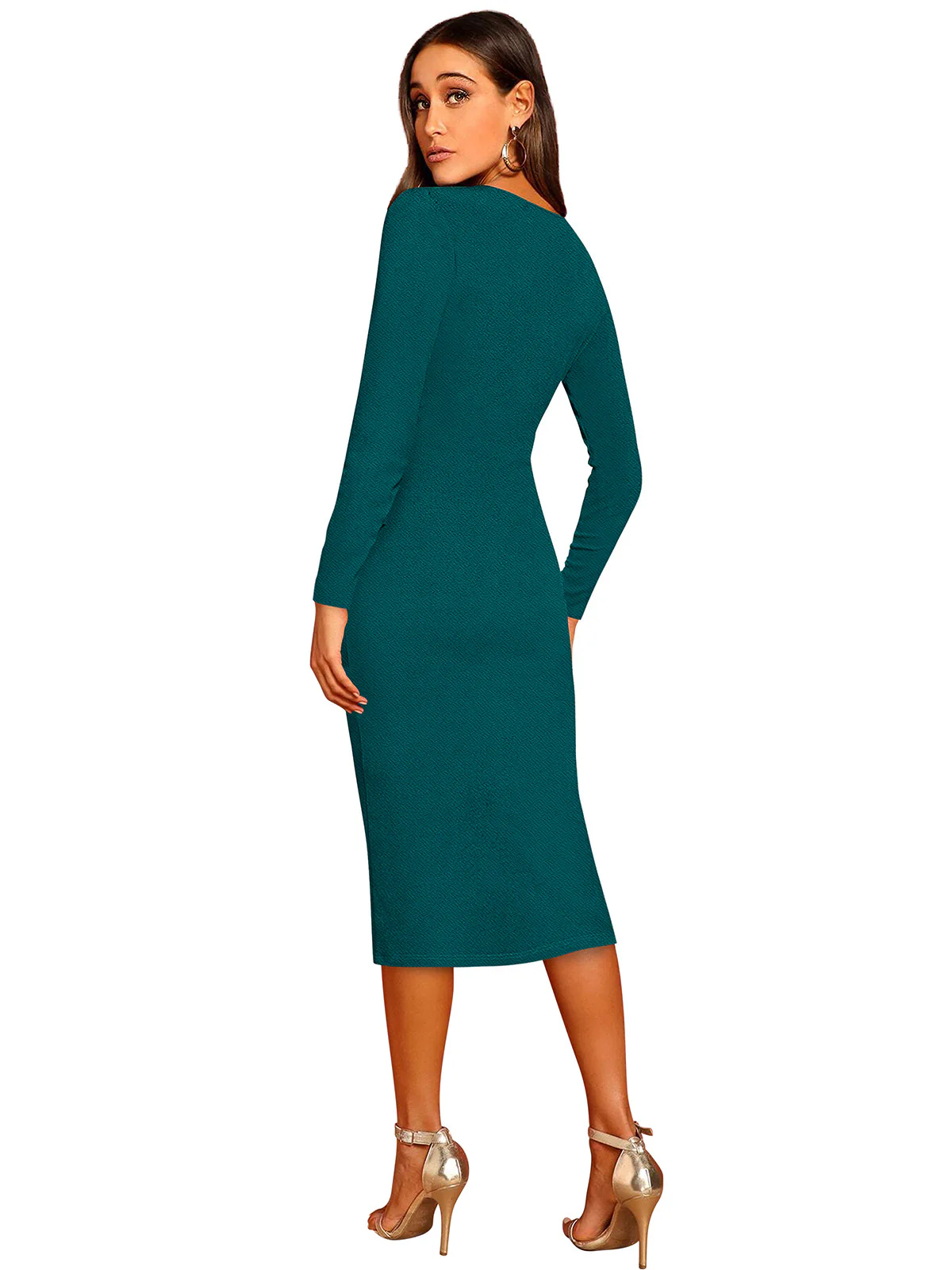 Odette Teal Bodycon Knit Fabric Dress For Women - Image 4