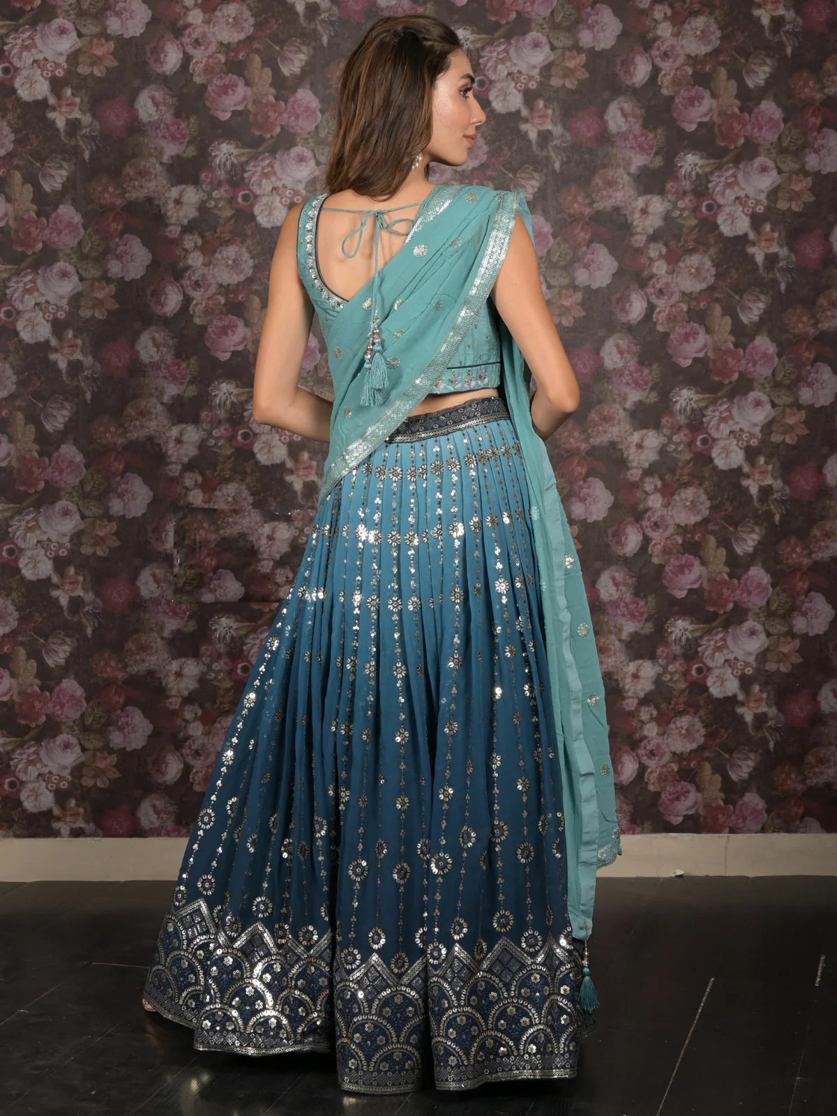 Odette Teal Stitched Sequins Embroidered Crepe Lehenga with Stitched Blouse And Dupatta For Women - Image 4