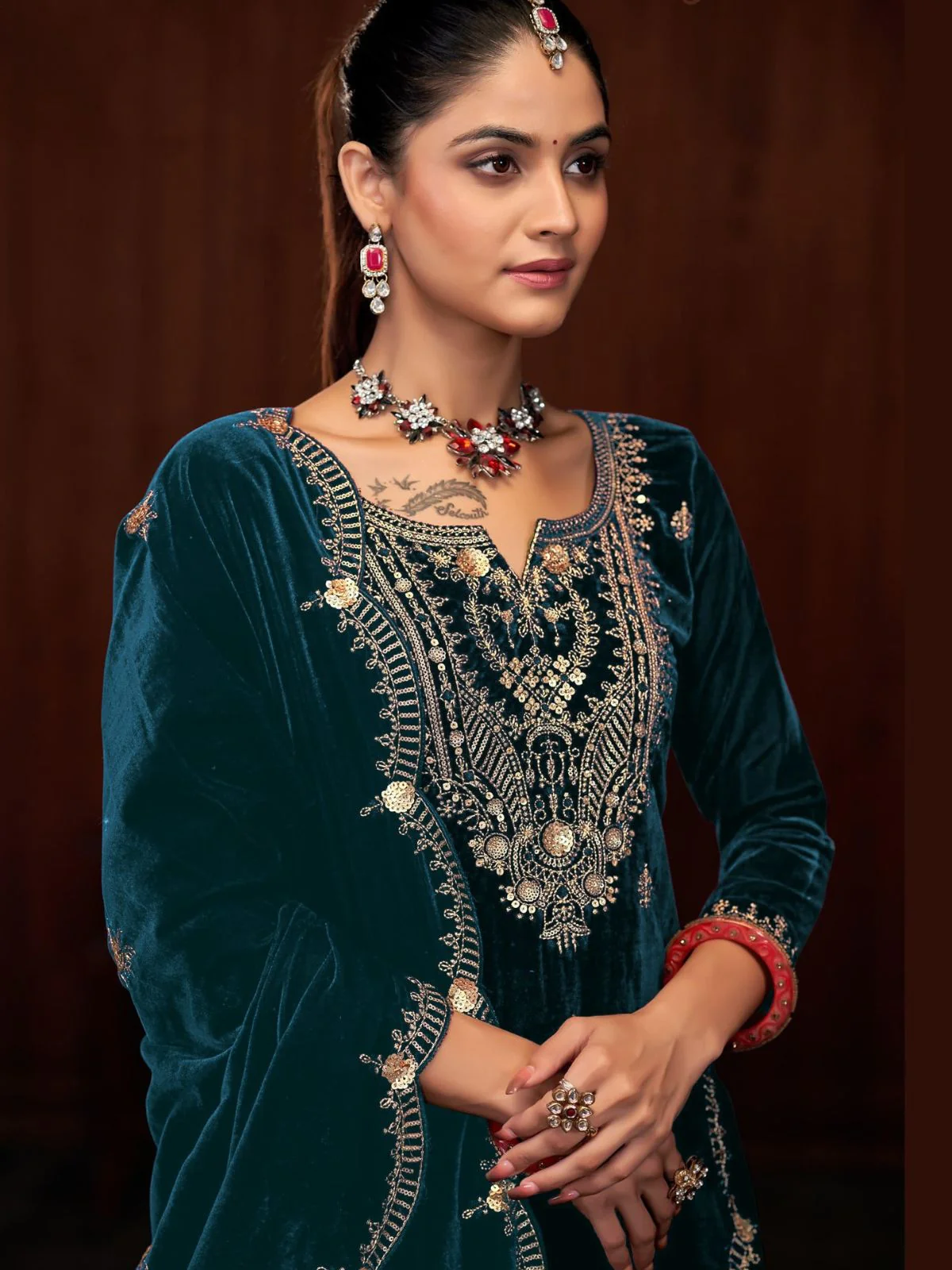 Odette Teal Velvet Embroidered Semi-Stitched Kurta Set For Women - Image 2