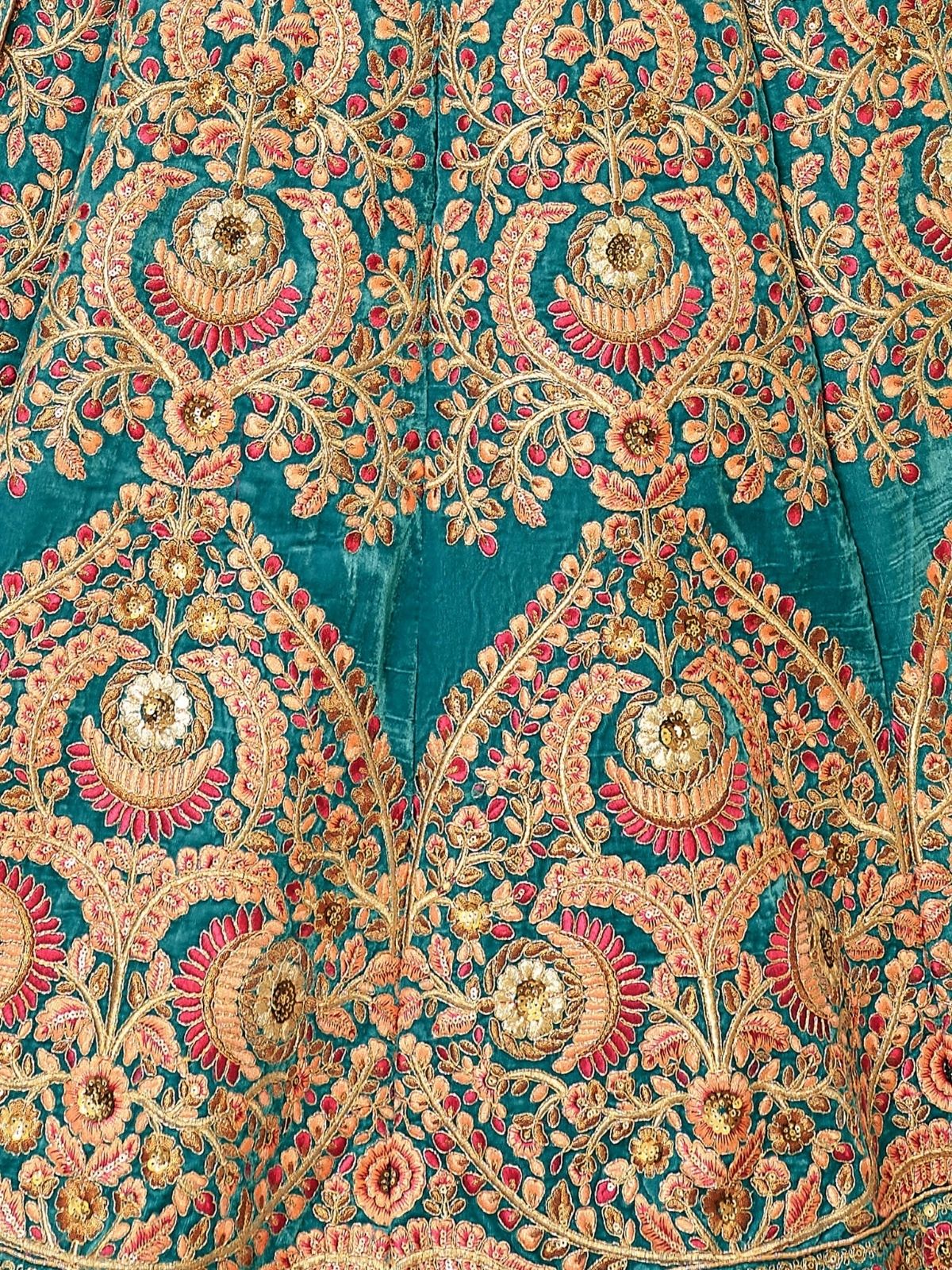 Odette Teal Velvet  Embroidered Semi Stitched Lehenga With Blouse For Women - Image 5