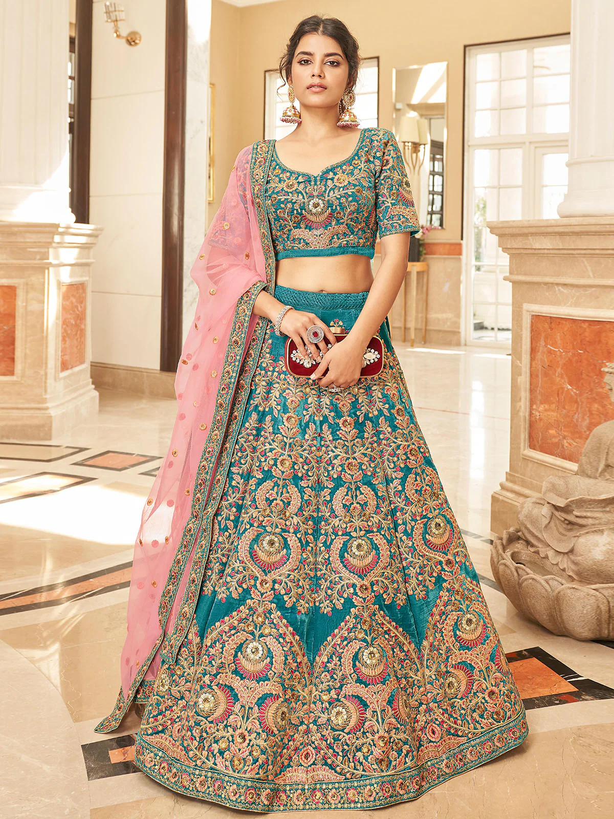 Odette Teal Velvet Embroidered Semi Stitched Lehenga With Unstitched Blouse For Women - Image 2