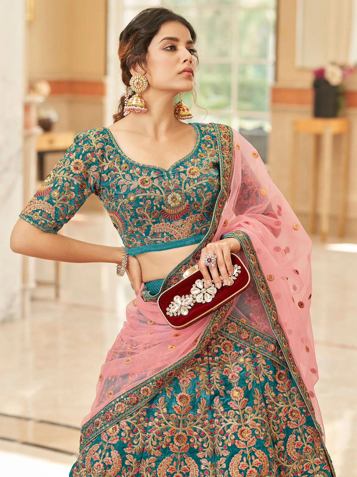 Odette Teal Velvet Embroidered Semi Stitched Lehenga With Unstitched Blouse For Women - Image 3