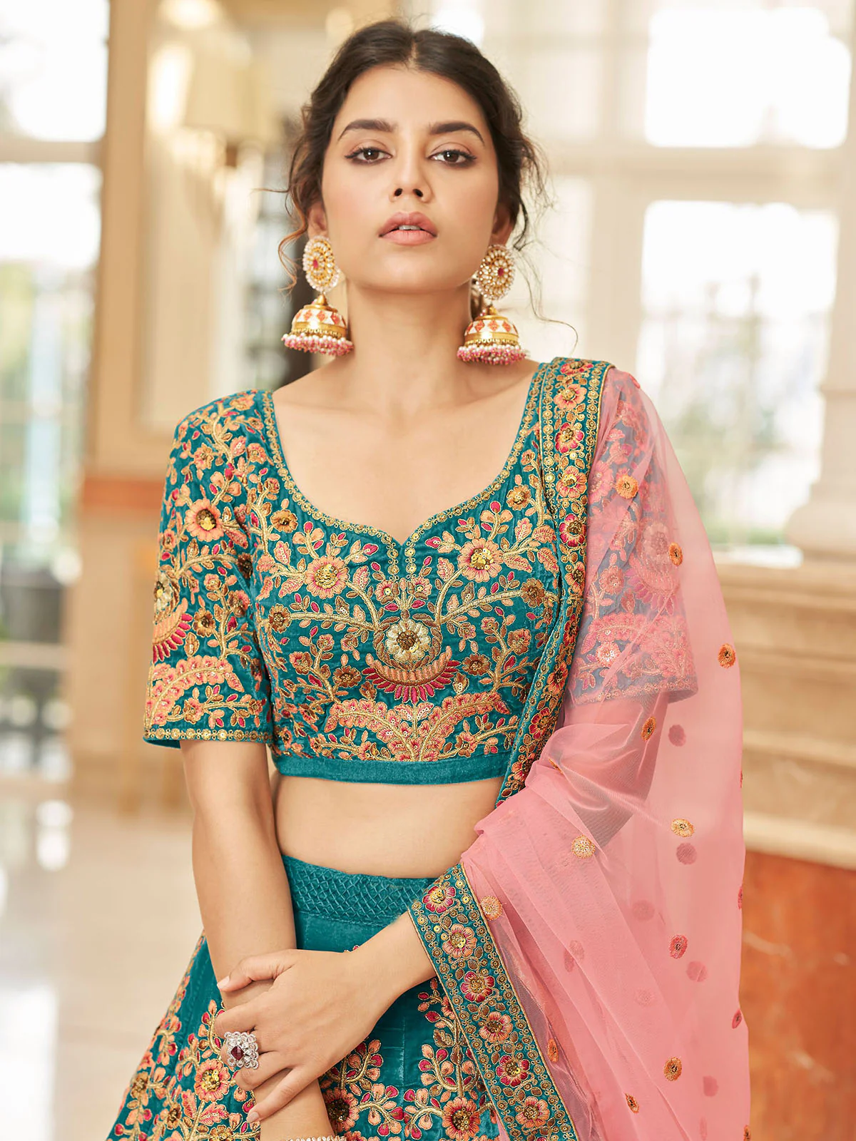 Odette Teal Velvet Embroidered Semi Stitched Lehenga With Unstitched Blouse For Women - Image 4
