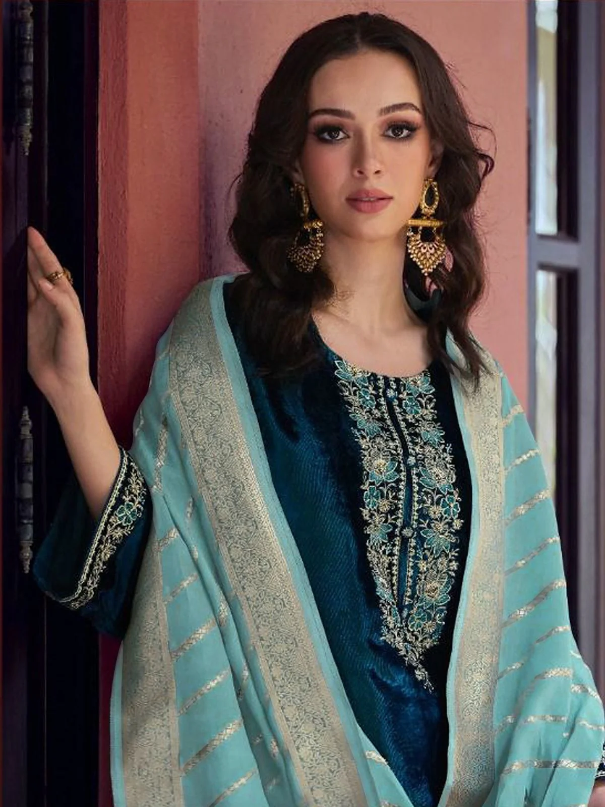 Odette Teal Velvet Embroidery Semi-Stitched Kurta Set For Women - Image 2