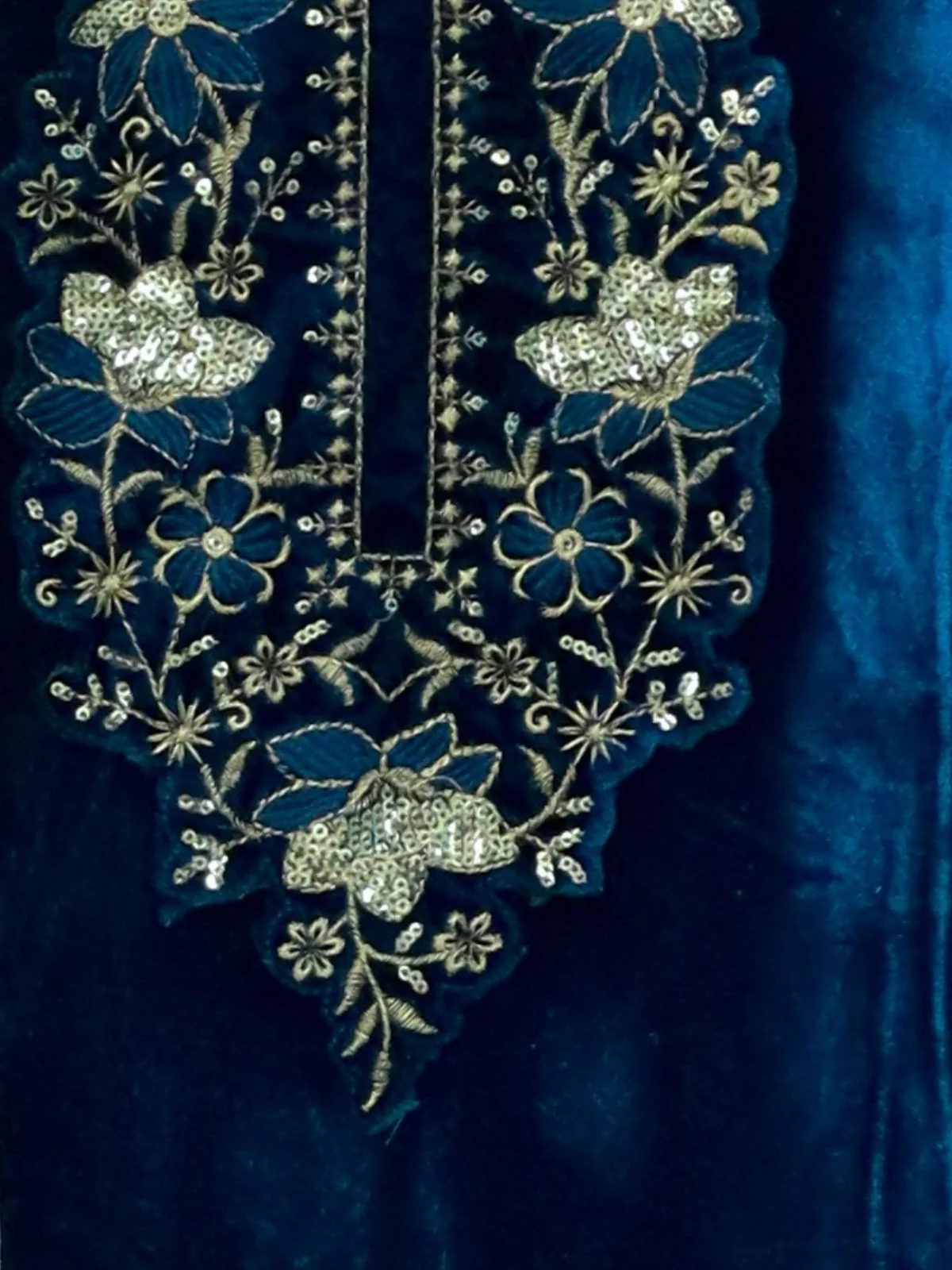 Odette Teal Velvet Embroidery Semi-Stitched Kurta Set For Women - Image 3