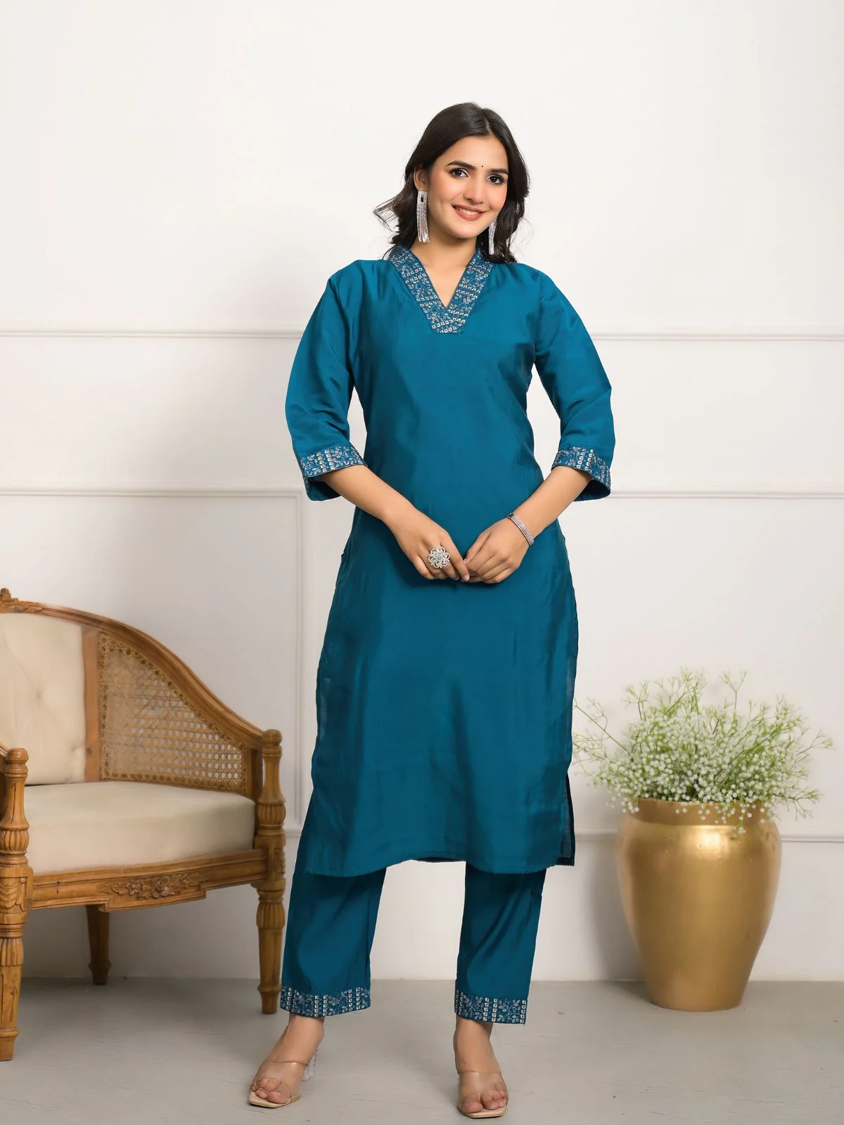 Odette Teal Viscose Chanderi Embroidered Stitched Kurta Set For Women - Image 2