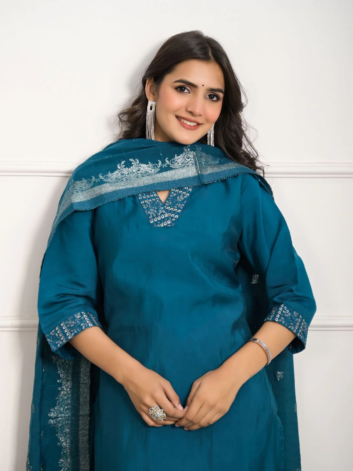 Odette Teal Viscose Chanderi Embroidered Stitched Kurta Set For Women - Image 4