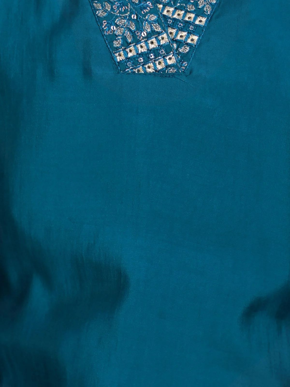 Odette Teal Viscose Chanderi Embroidered Stitched Kurta Set For Women - Image 5