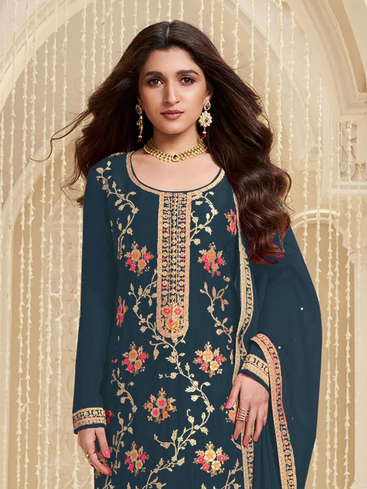 Odette Teal Viscose Embroidered Semi-Stitched Kurta Set For Women - Image 2